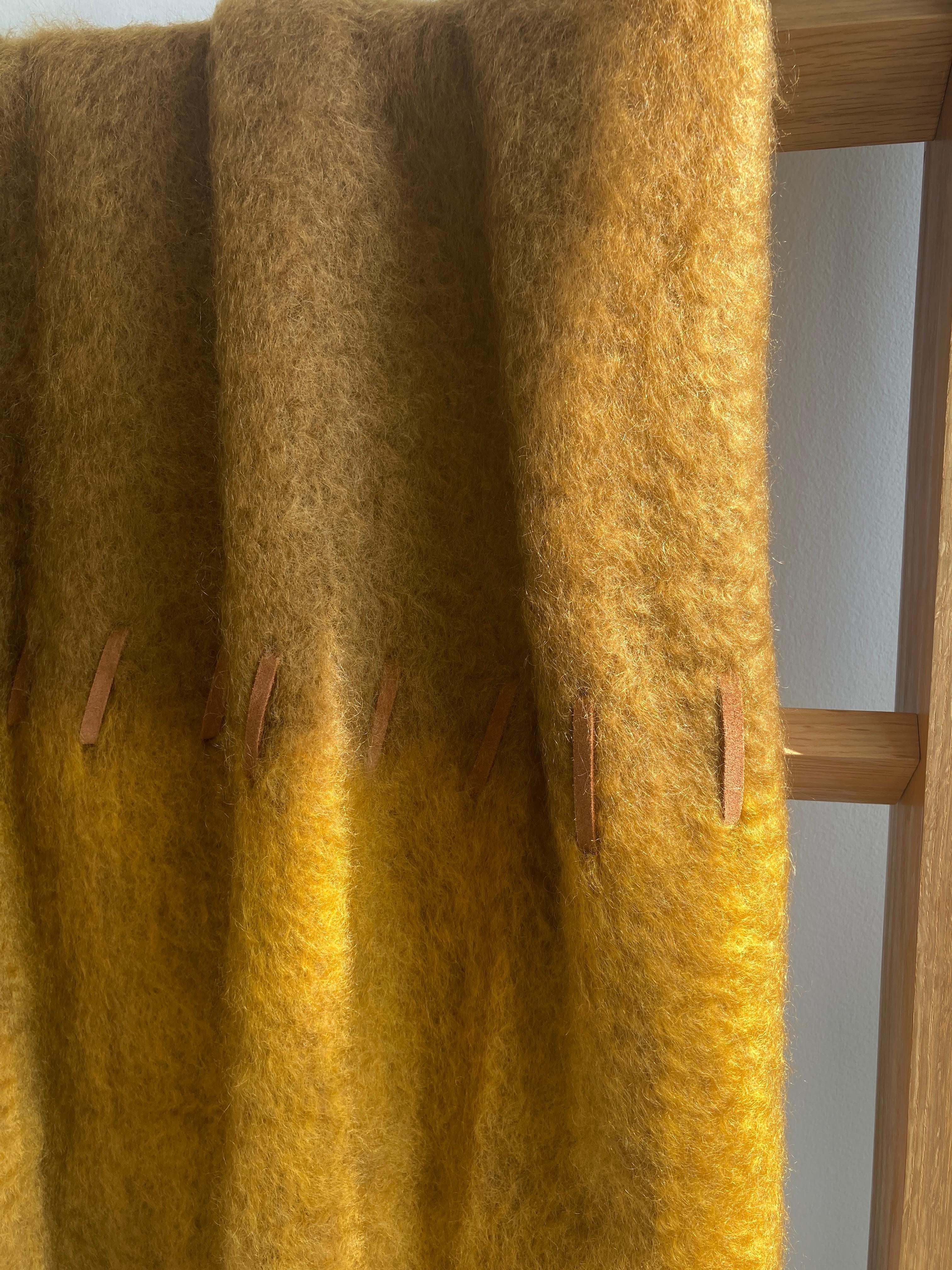 Spanish Handwoven Mohair Blanket with Suede Whipstitch in Brown and Mustard Yellow For Sale