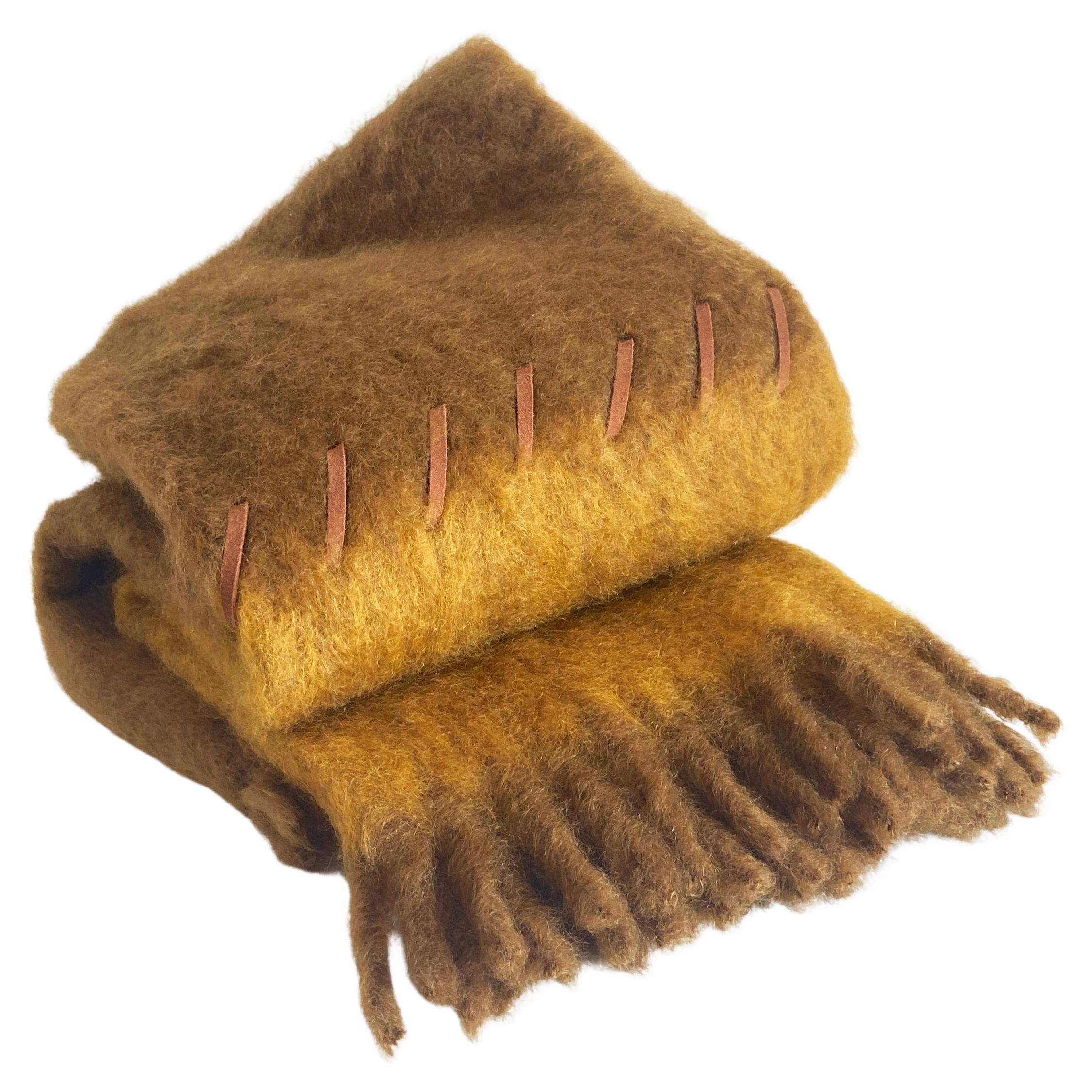 Handwoven Mohair Blanket with Suede Whipstitch in Brown and Mustard Yellow For Sale
