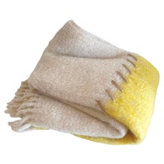 Handwoven Mohair Blanket with Suede Whipstitch in Light Gray and Yellow