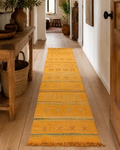 Handwoven Moroccan Berber Runner Rug Mustard Yellow Tribal Silk Hallway Runner