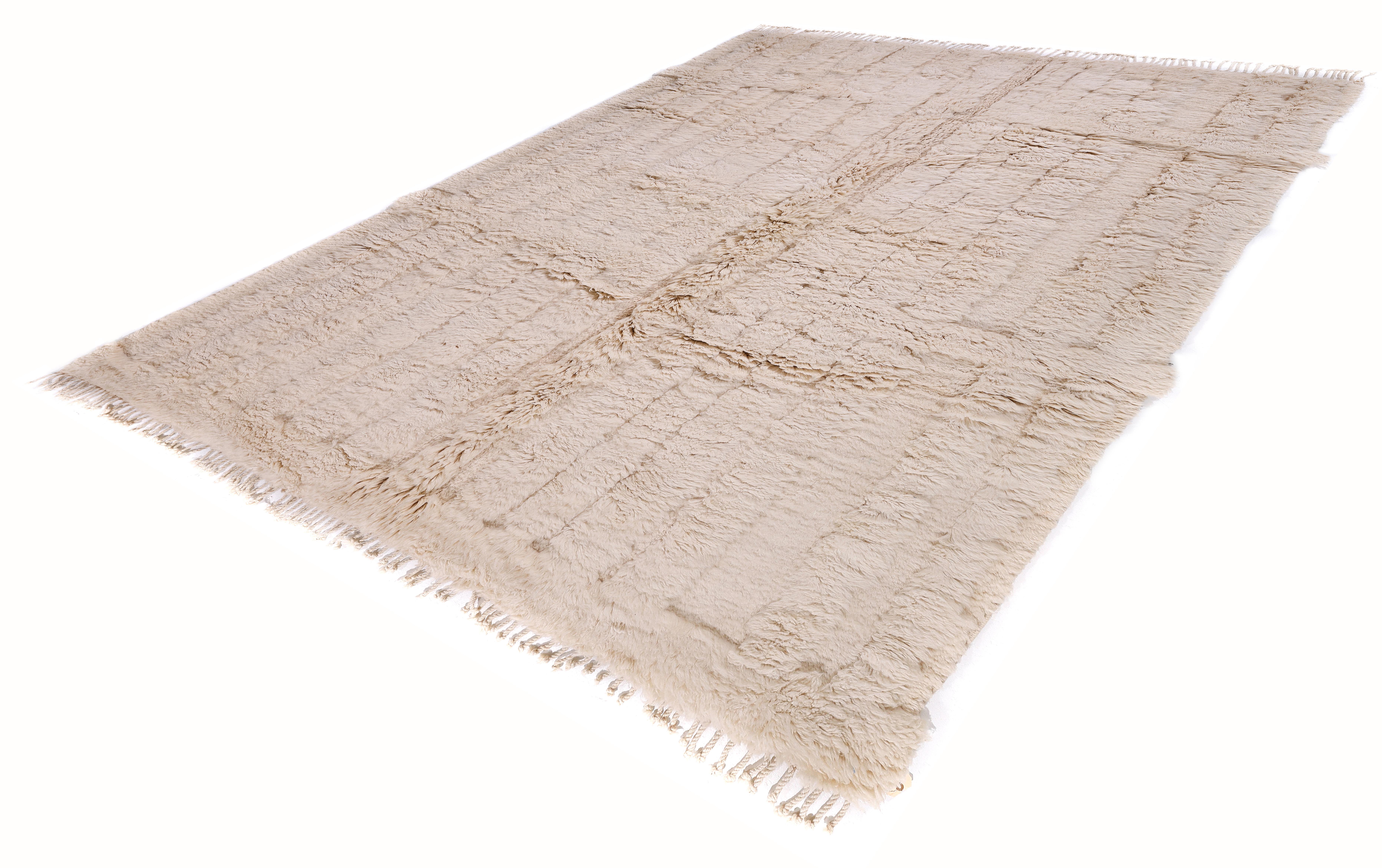 Marocain Tapis marocain tissé à la main - Luxueux Shag crème, style géométrique moderne en vente