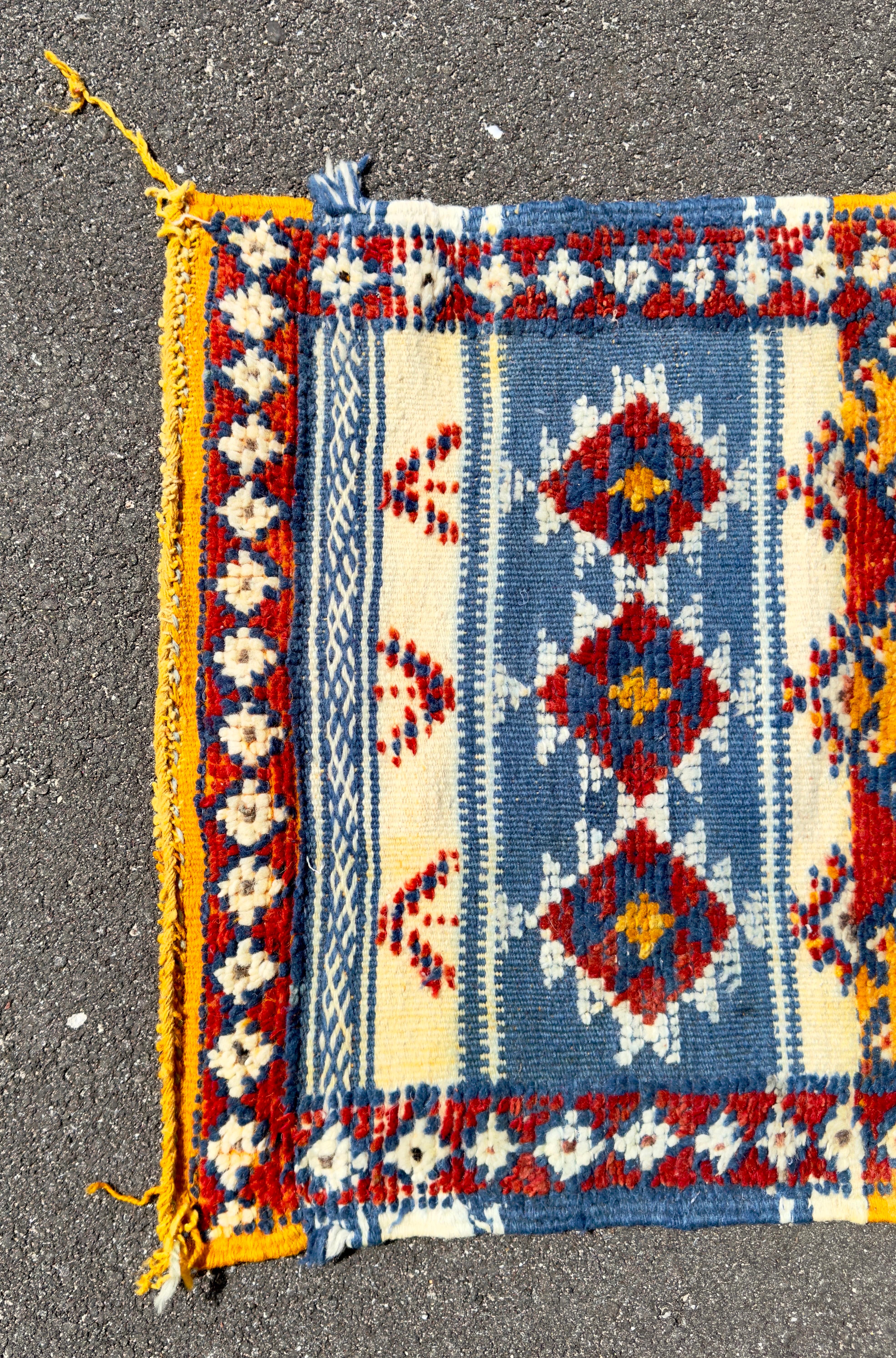 Bohemian Boho Chic Tribal Handwoven Moroccan Wool Rug in Blue & White, Small Area  For Sale