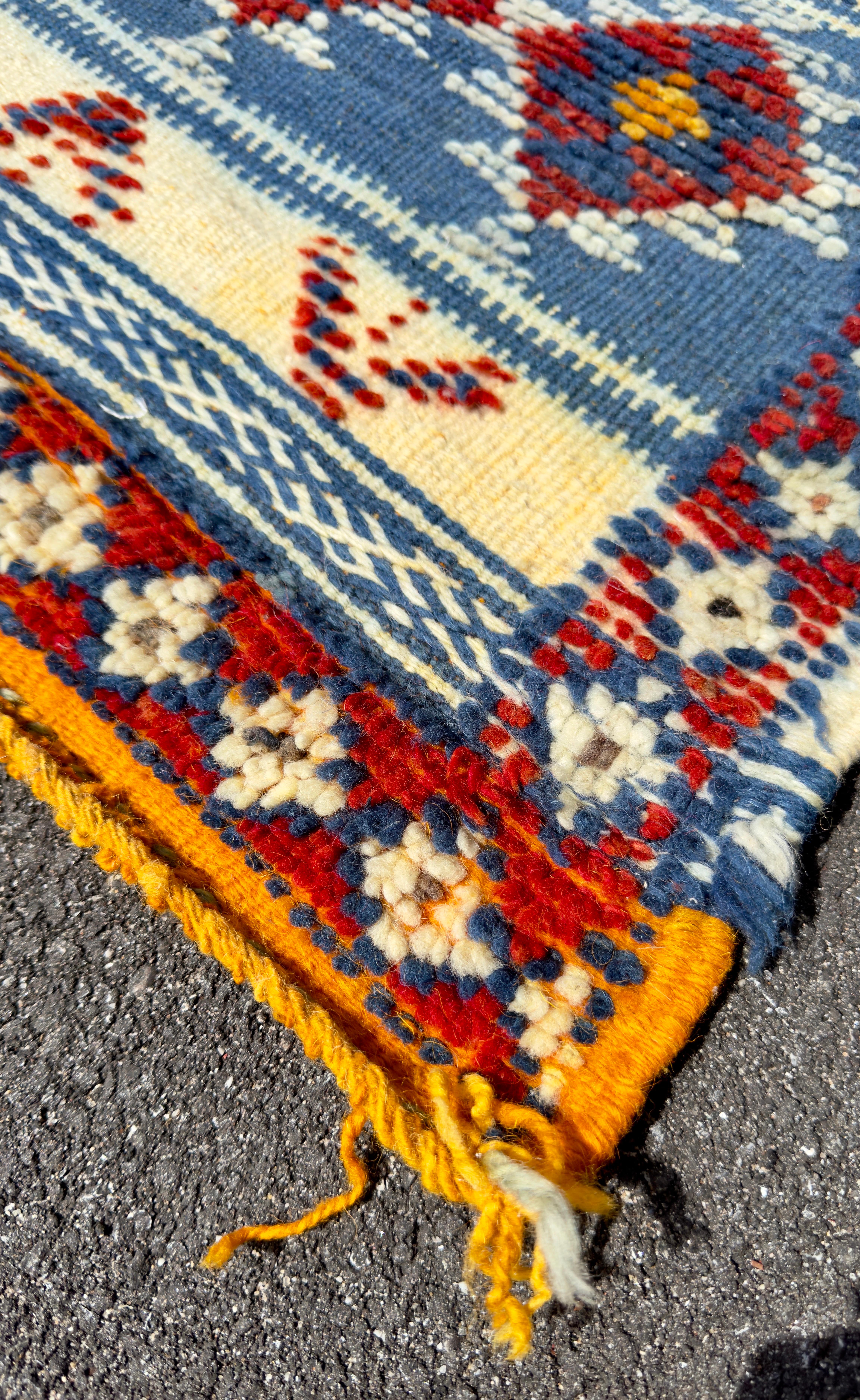 Hand-Woven Boho Chic Tribal Handwoven Moroccan Wool Rug in Blue & White, Small Area  For Sale