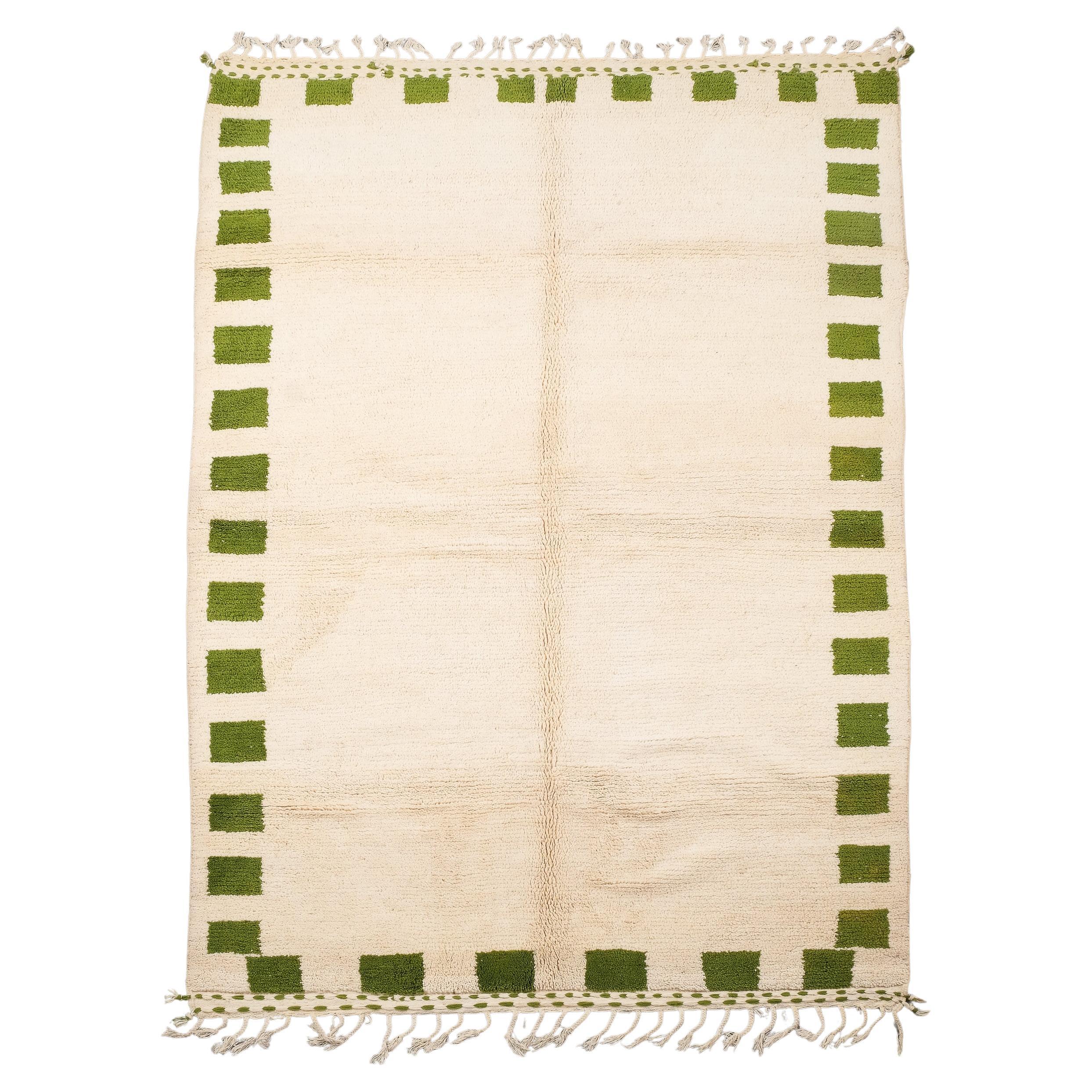 Handwoven Moroccan Wool Rug with with Green Green Border Motif