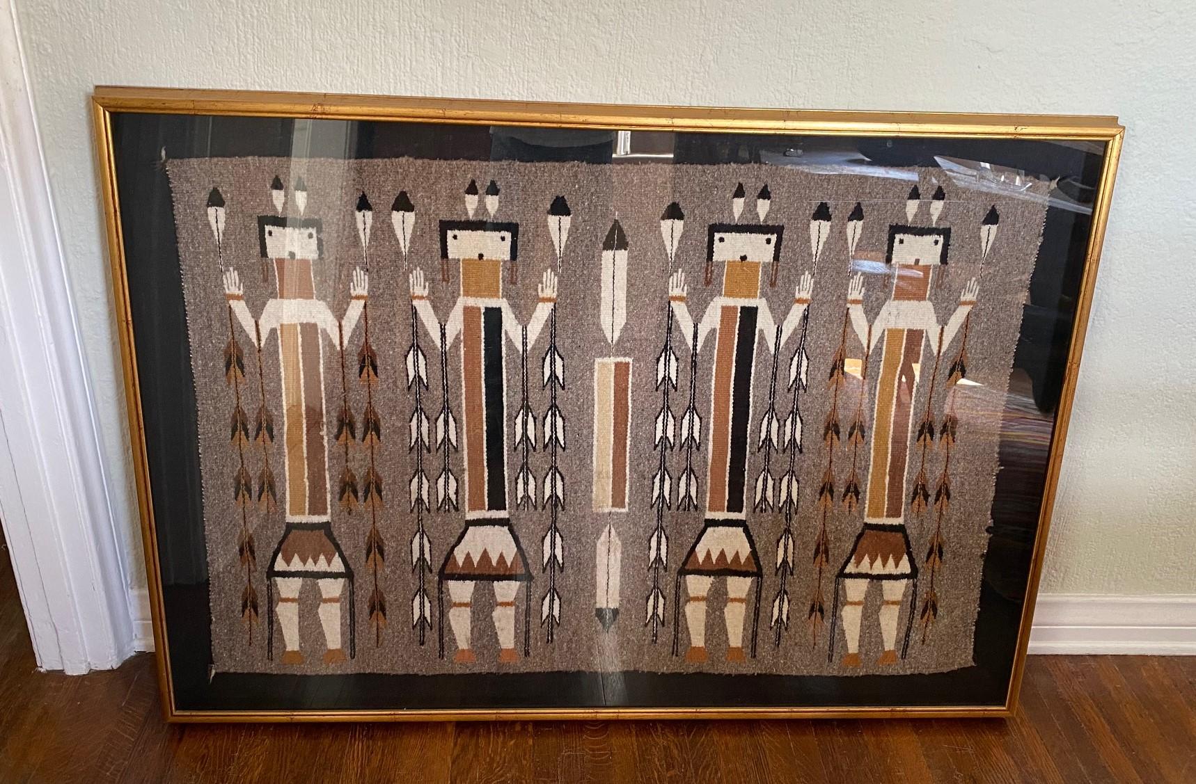 Handwoven Native American Navajo Yei Pictorial Wool Rug Blanket Custom Display In Good Condition In Studio City, CA
