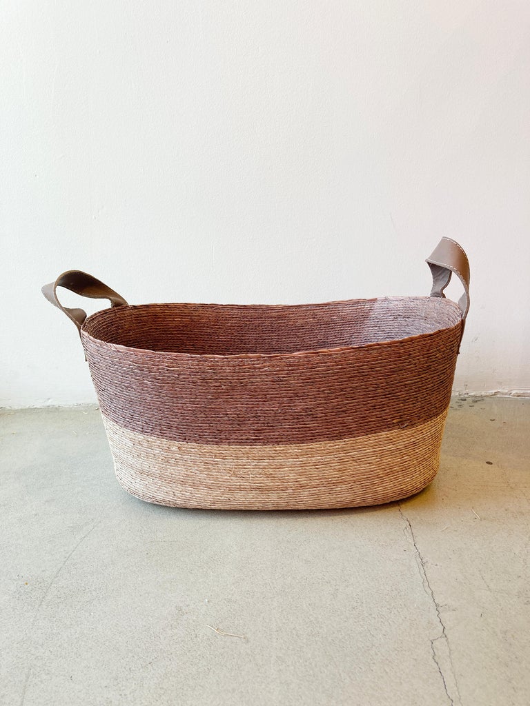 Handwoven Natural Palm Storage Basket with Leather Handles For Sale at