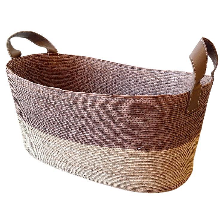 Natural Wool Basket in Light Grey, Leather Wrap Handles, Woven in the