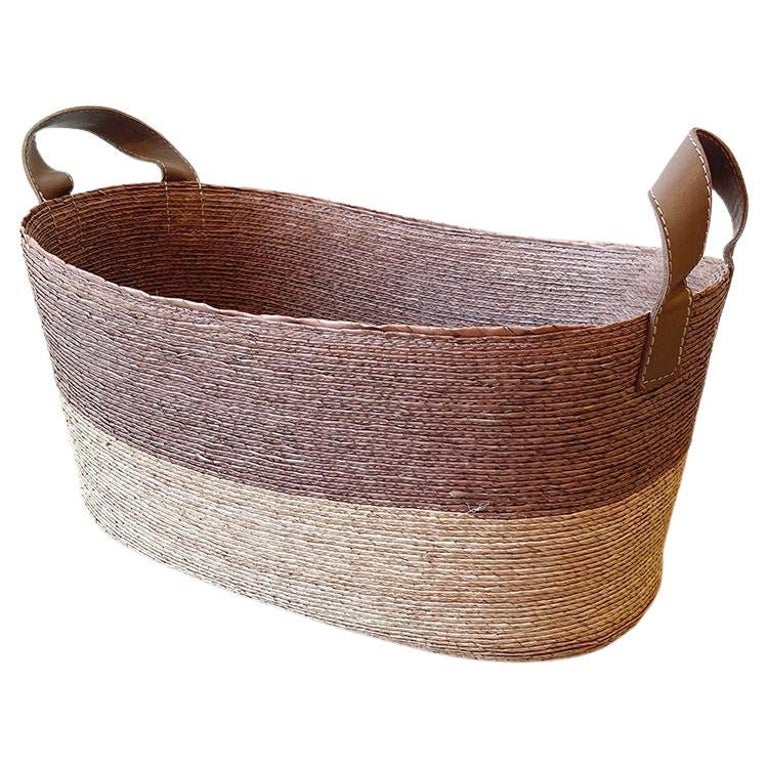 Weaved Wood Basket With Leather Handles Set of 2