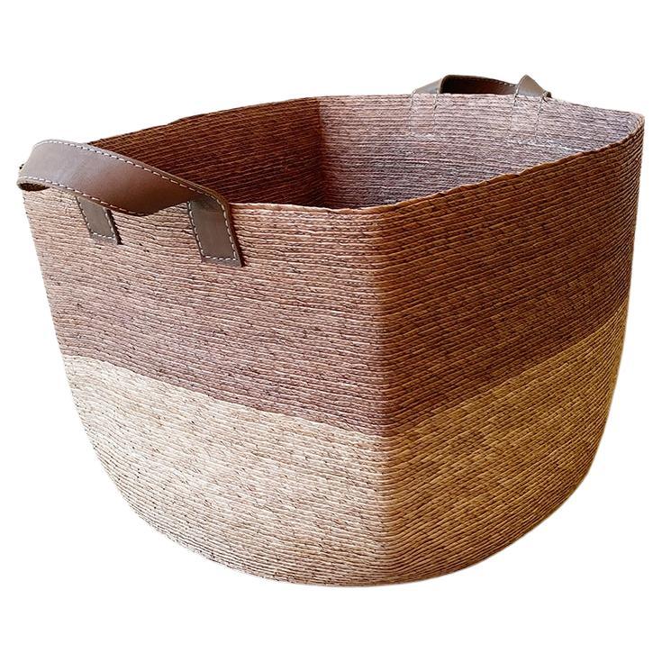 Natural Wool Basket in Light Grey, Leather Wrap Handles, Woven in the