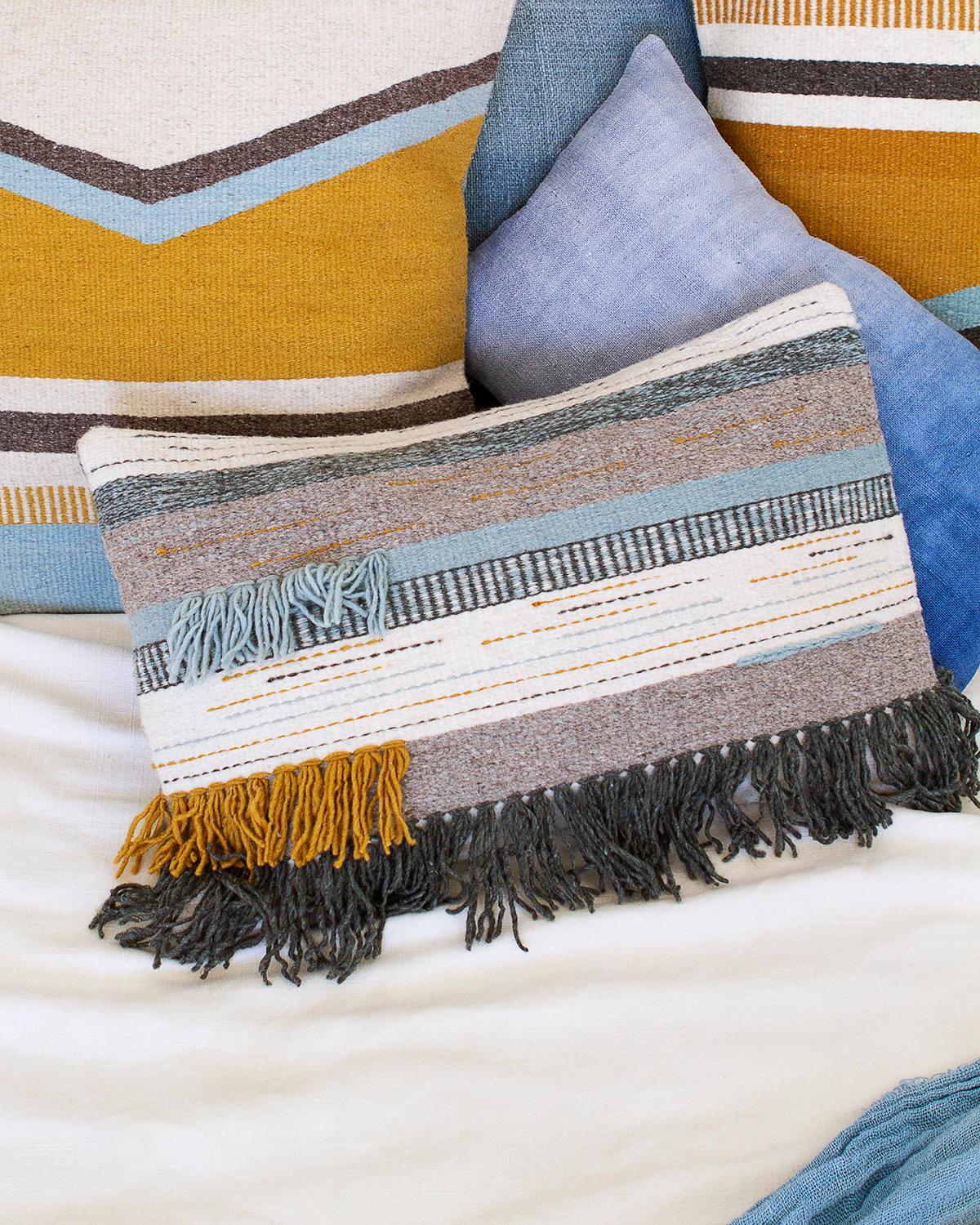 Hand-Woven Handwoven New Boho Wool Throw Pillow in Ochre and Black with Fringe, in Stock