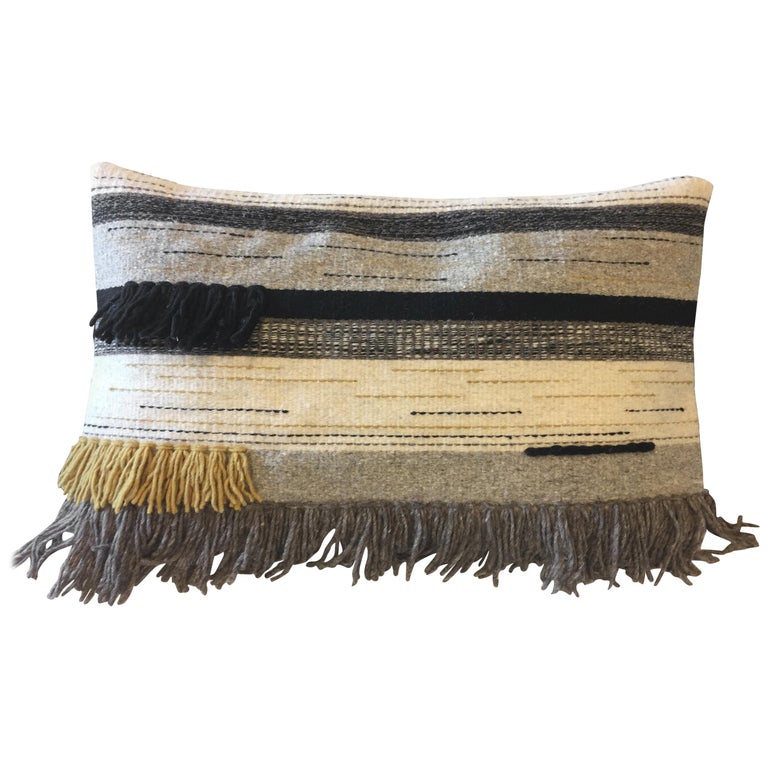 Handwoven New Boho Wool Throw Pillow in Ochre and Black with Fringe, in Stock 1