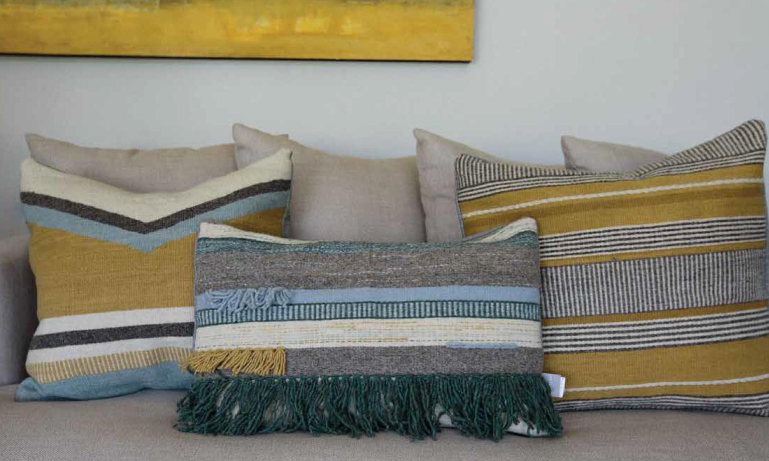 Hand-Woven Handwoven New Boho Wool Throw Pillow in Ochre and Grey