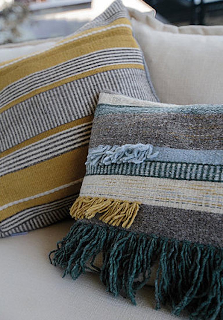 Handwoven New Boho Wool Throw Pillow in Ochre and Grey In New Condition In West Hollywood, CA