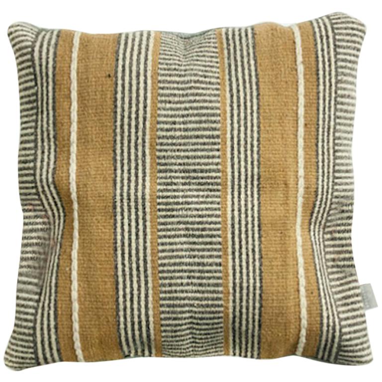 Handwoven New Boho Wool Throw Pillow in Ochre and Grey at 1stDibs