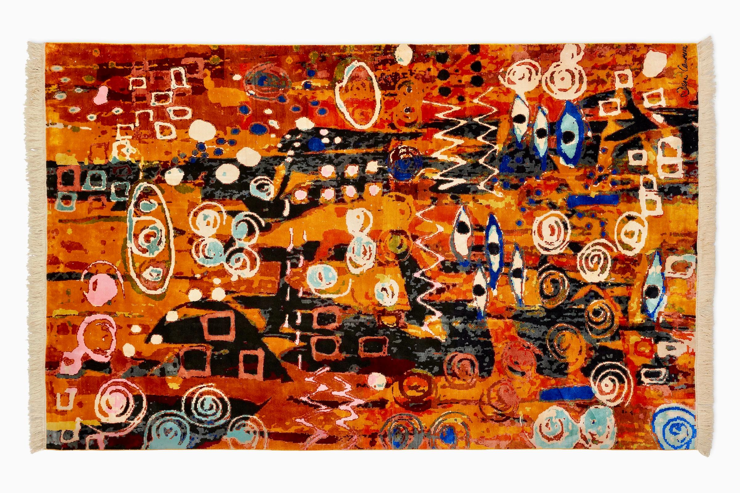 Handgewebter orangefarbener Seidenteppich, entworfen von Dena Lawrence und in Kaschmir gewebt.   im Zustand „Neu“ im Angebot in WEMBLEY DOWNS, AU