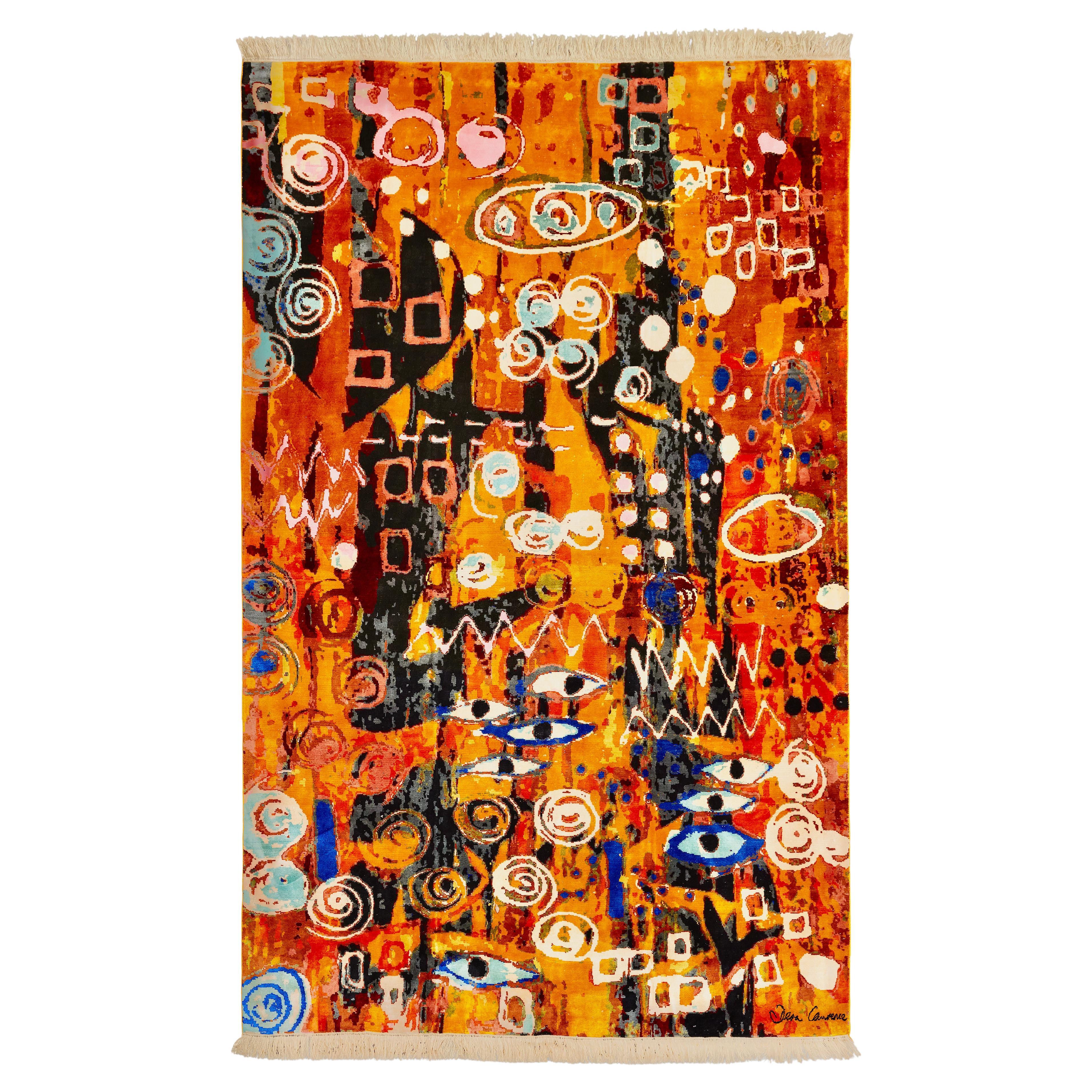 Handgewebter orangefarbener Seidenteppich, entworfen von Dena Lawrence und in Kaschmir gewebt.   im Angebot