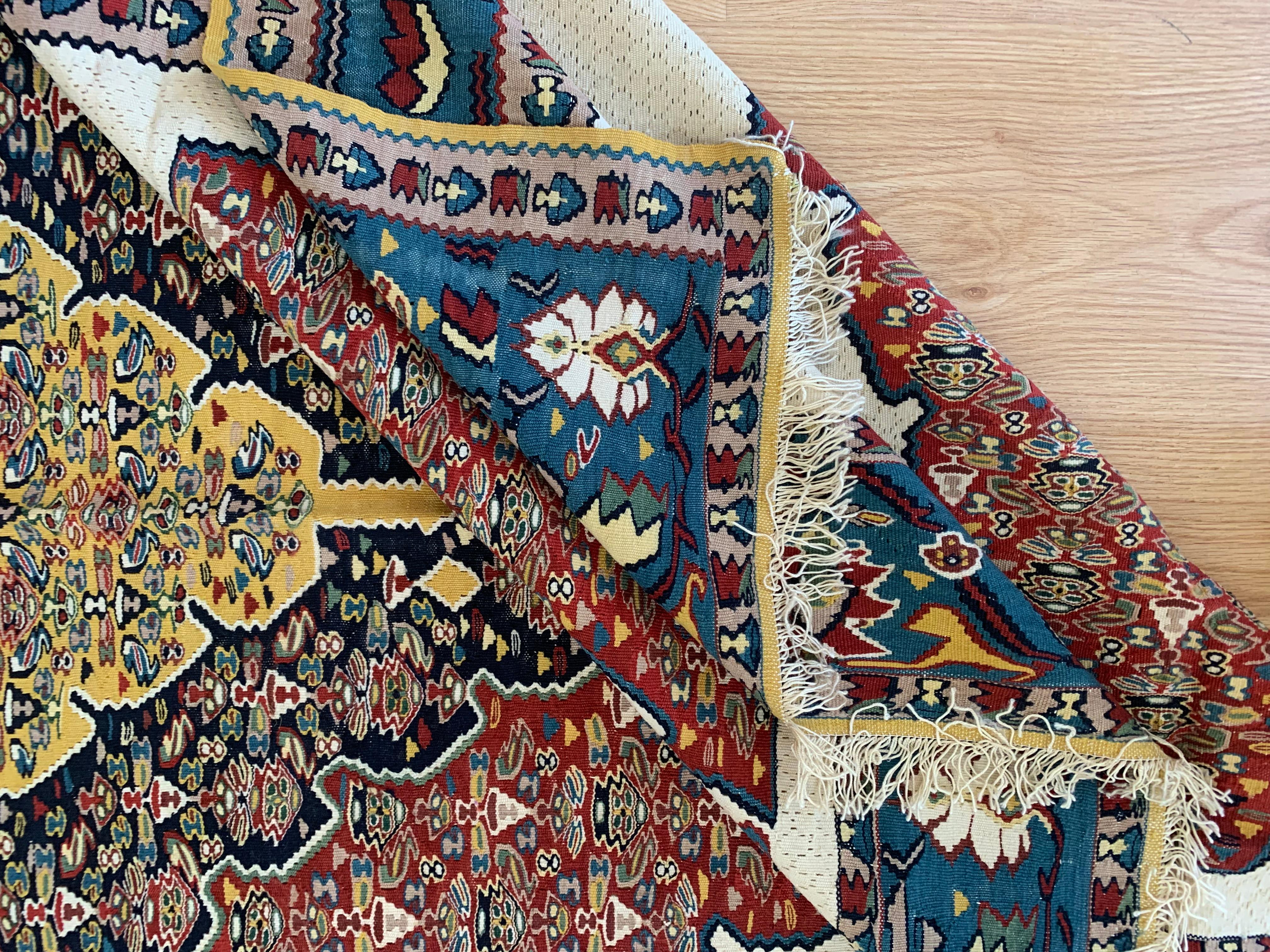 Vegetable Dyed Exclusive Kurdish Kilim Rug Geometric Silk Wool Area Rug Handmade Carpet  For Sale