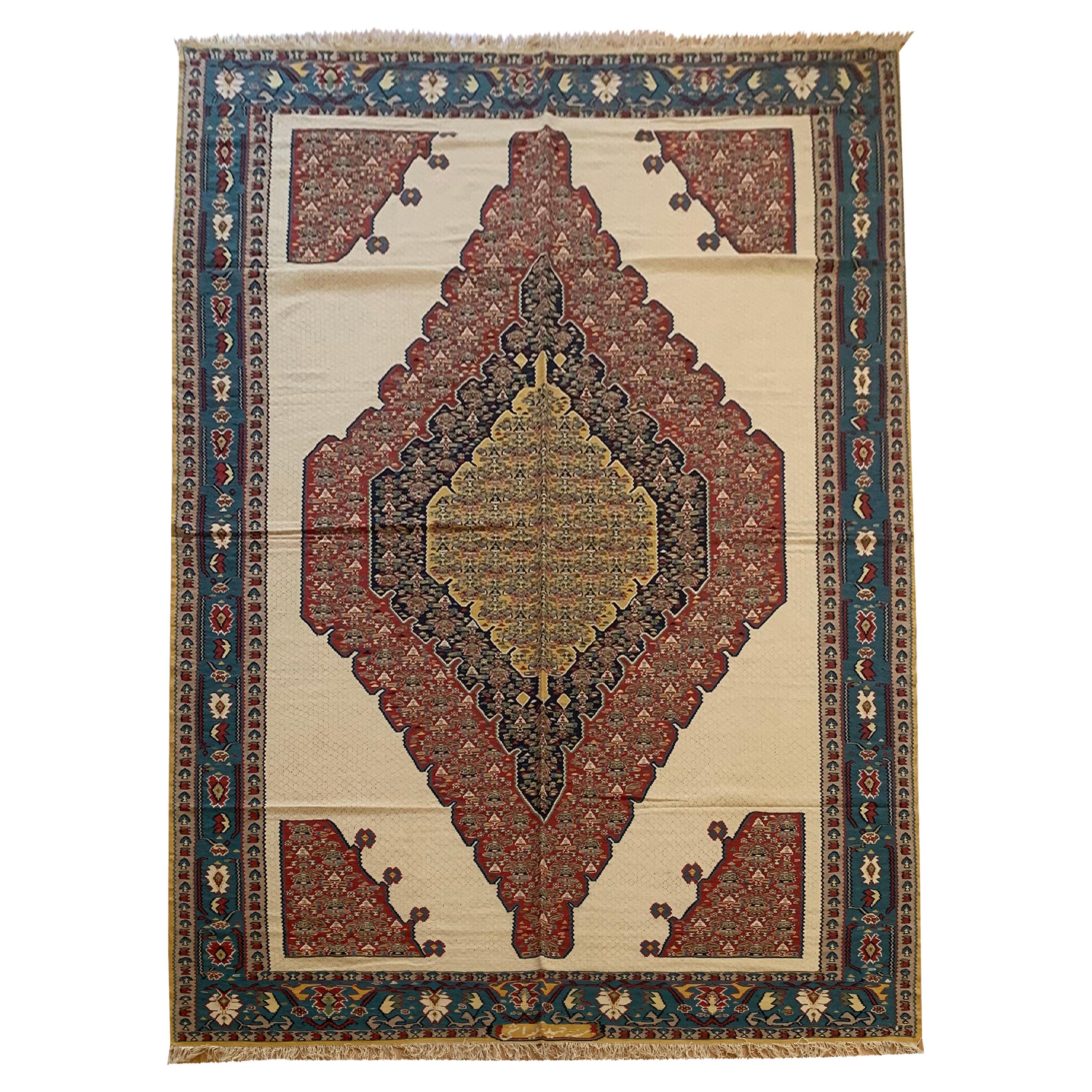 Geometrischer Teppich aus Seide und Wolle, handgefertigter kurdischer Kelim-Teppich 