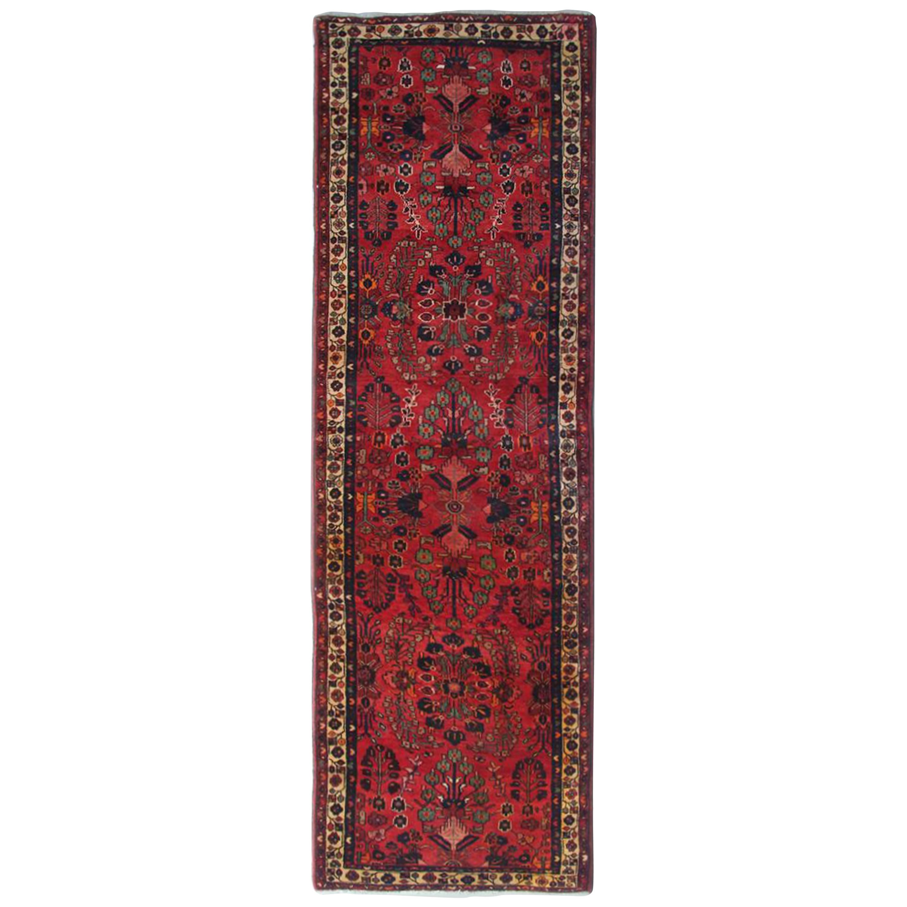 Handwoven Oriental Runner Rug, Traditional Red Wool Vintage Rug For Sale