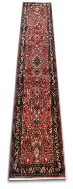 Handwoven Oriental Wool Runner Rug, Traditional Red Blue Carpet- 77x265cm