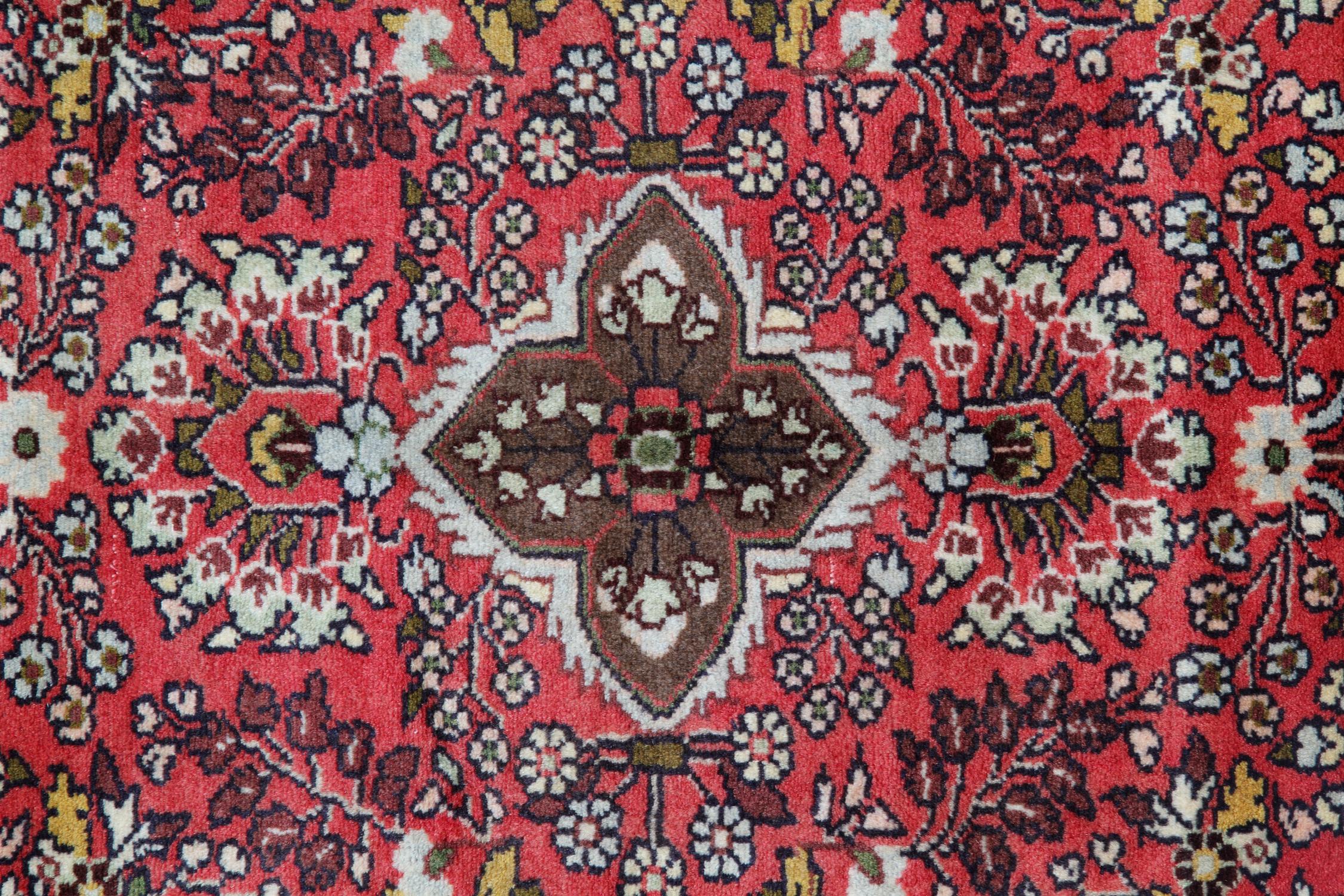 Hollywood Regency Handwoven Oriental Wool Runner Rug, Traditional Red Blue Carpet- 77x265cm For Sale