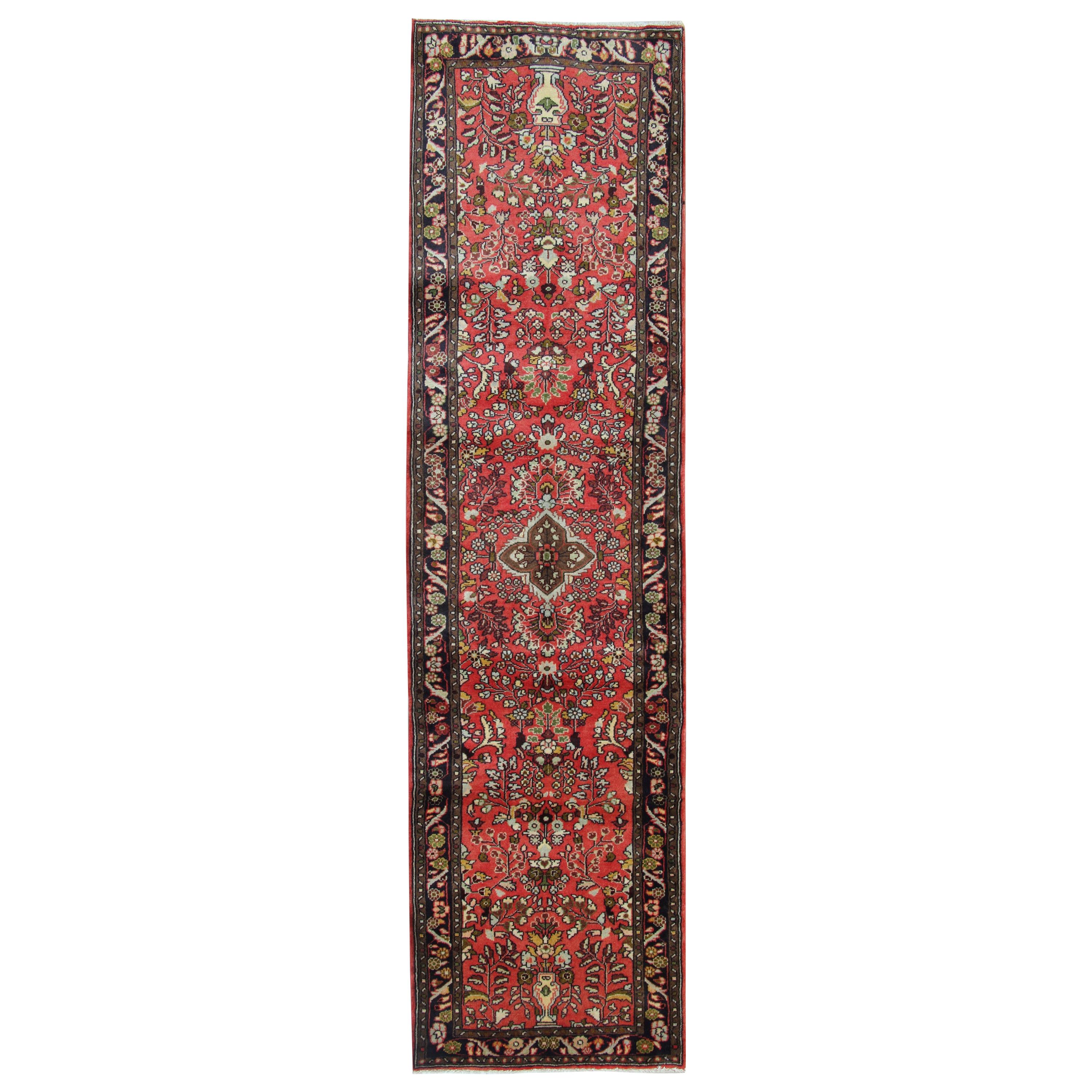 Handwoven Oriental Wool Runner Rug, Traditional Red Blue Carpet- 77x265cm For Sale
