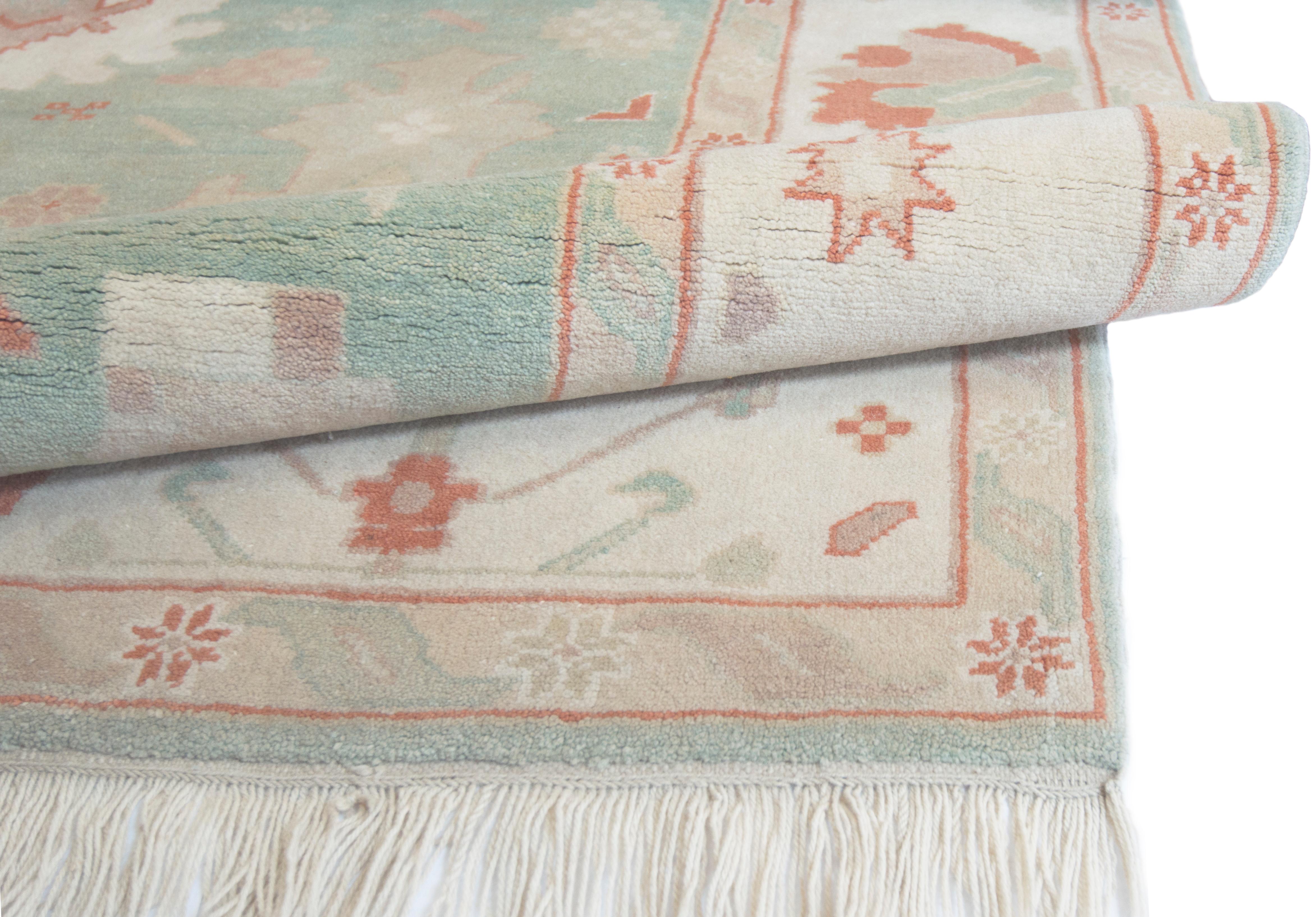 Turkish Modern Hand-Knotted Wool Pale-Green Oushak-Inspired Rug For Sale
