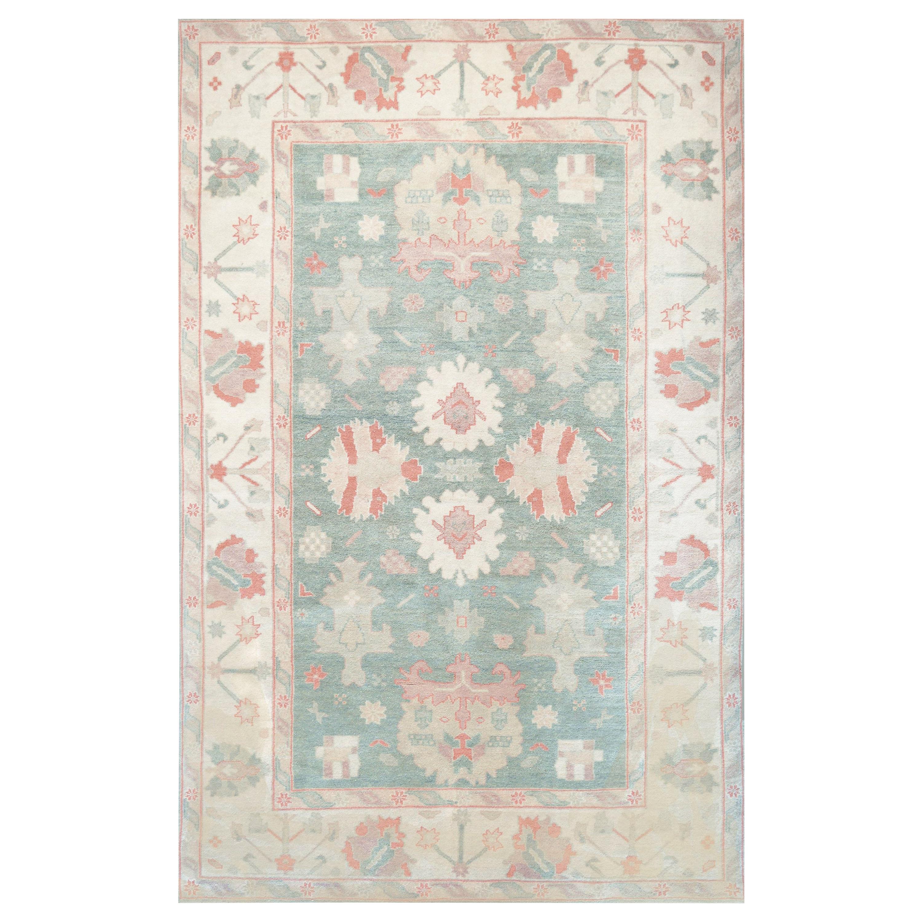 Modern Hand-Knotted Wool Pale-Green Oushak-Inspired Rug For Sale