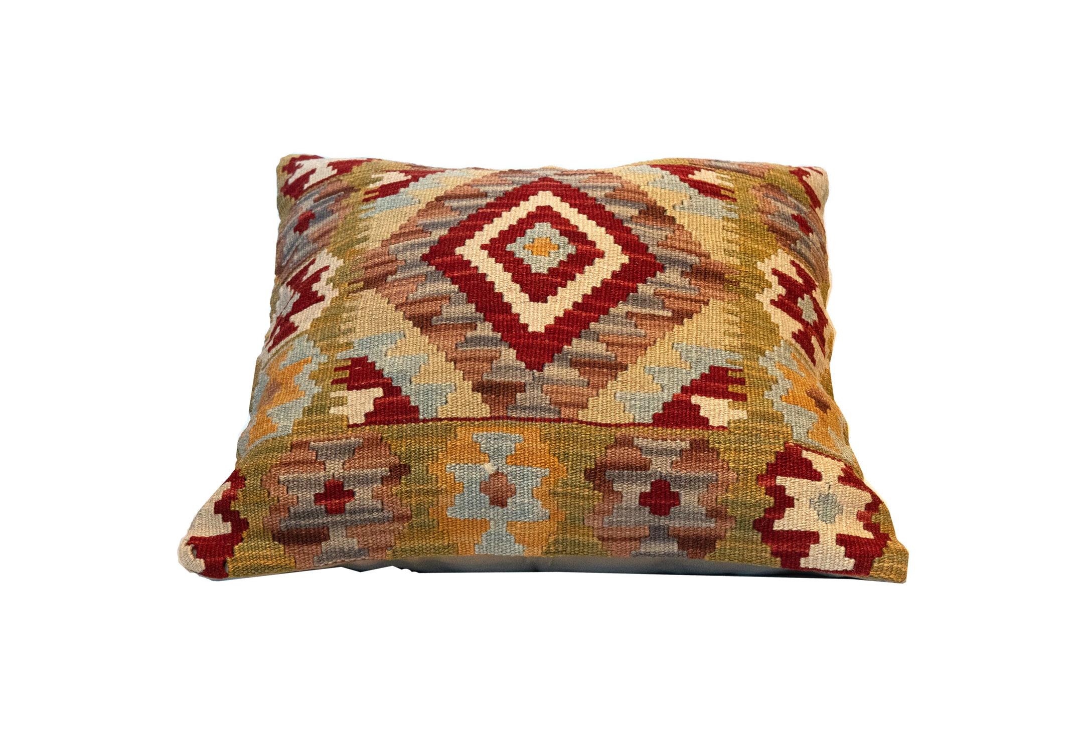 Rustic Handwoven Pillow Case, Wool Kilim Cushion Cover Beige Red