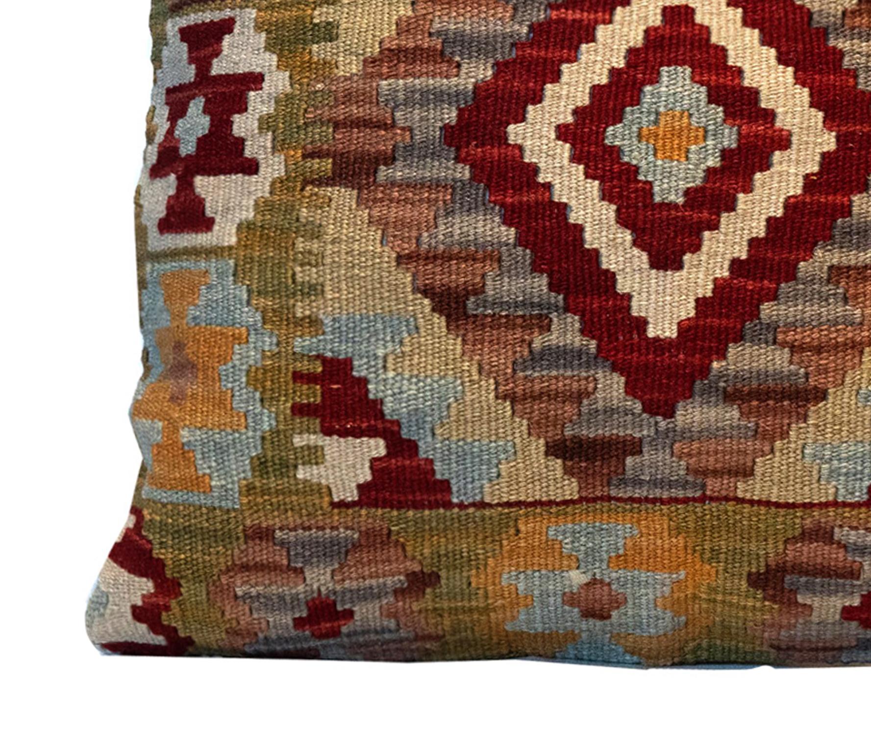 Afghan Handwoven Pillow Case, Wool Kilim Cushion Cover Beige Red