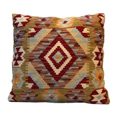 Handwoven Pillow Case, Wool Kilim Cushion Cover Beige Red