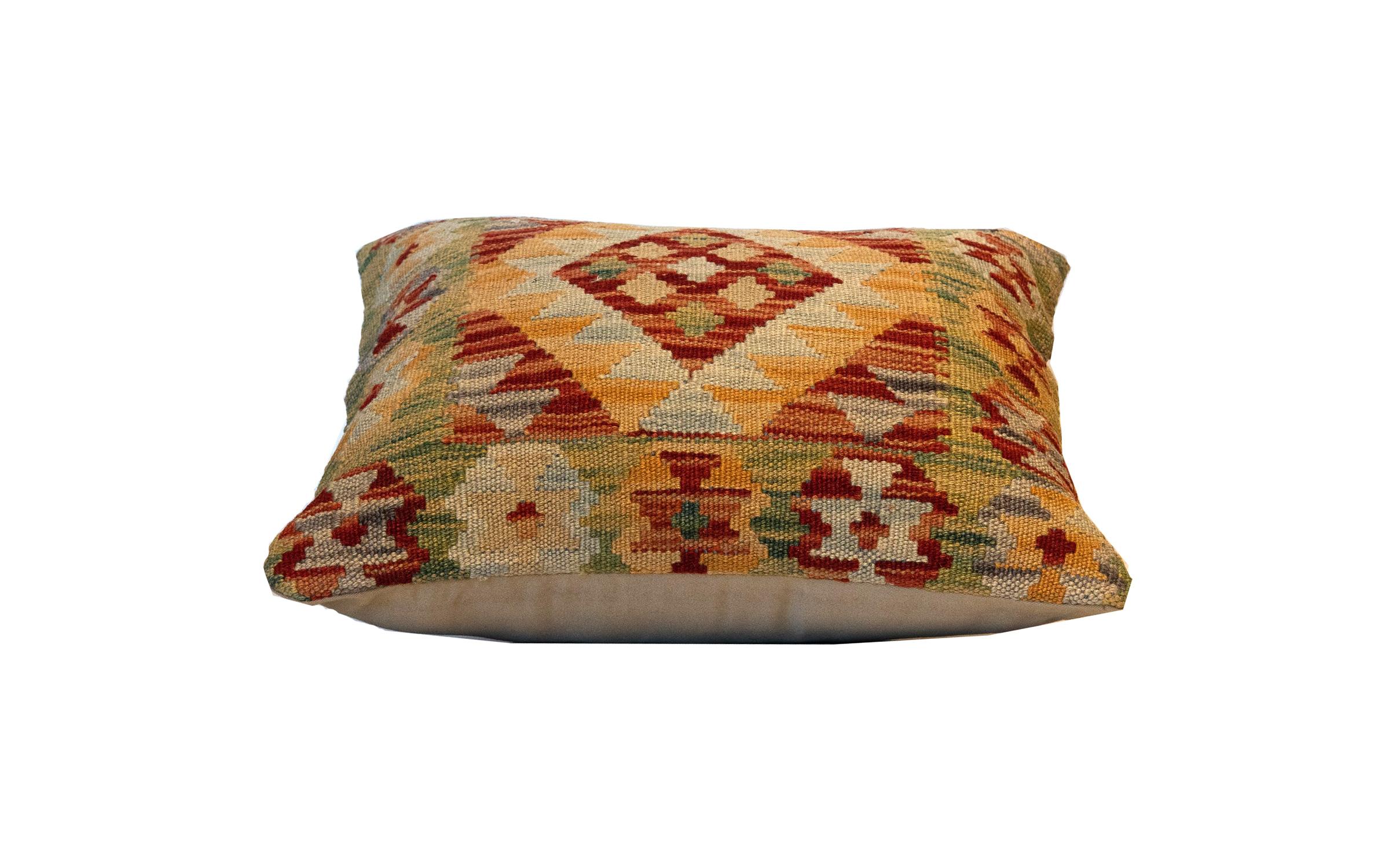 Tribal Handwoven Pillow Cover, Geometric Wool Cushion Cover Orange Red