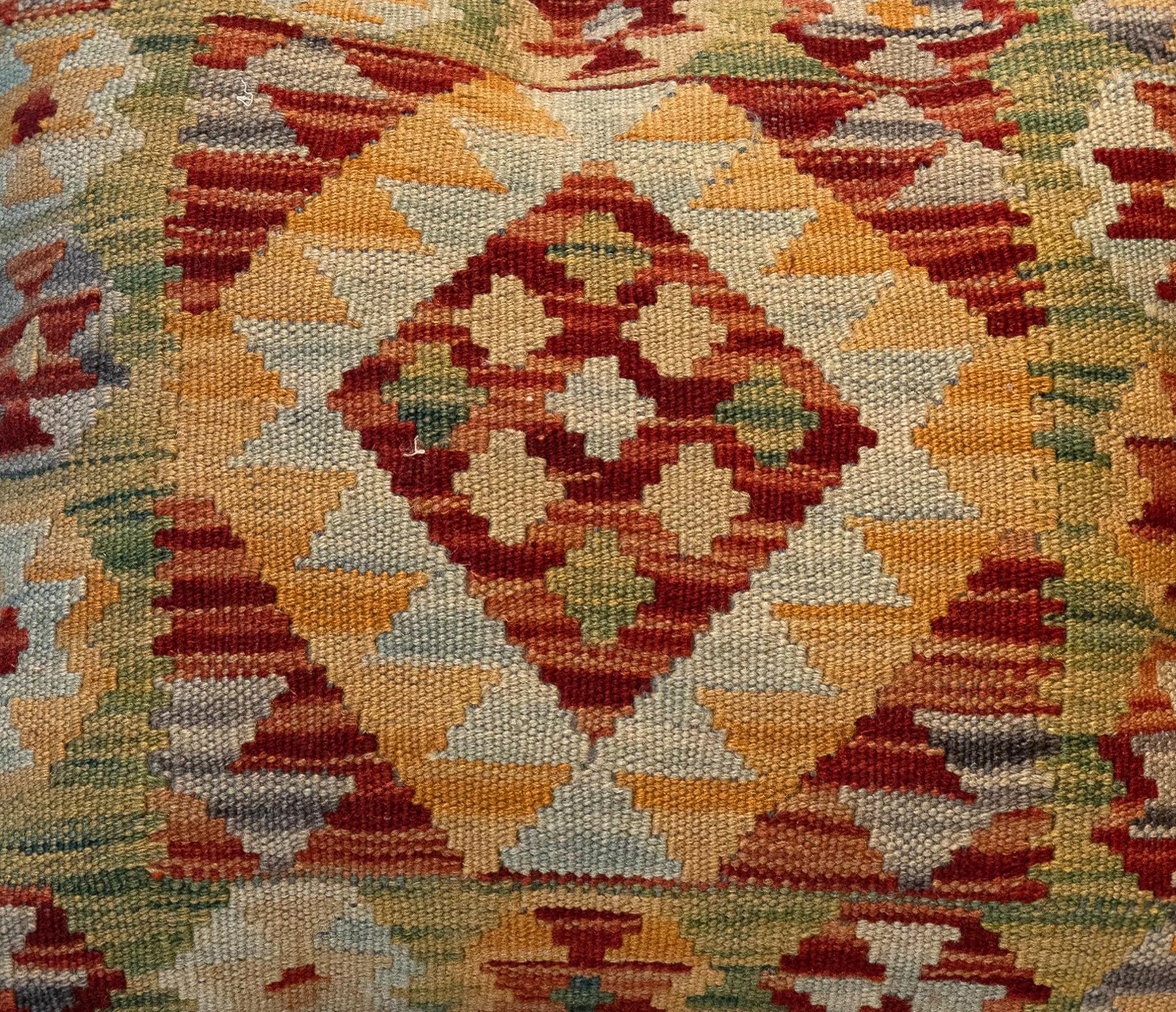 Afghan Handwoven Pillow Cover, Geometric Wool Cushion Cover Orange Red