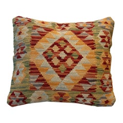 Handwoven Pillow Cover, Geometric Wool Cushion Cover Orange Red