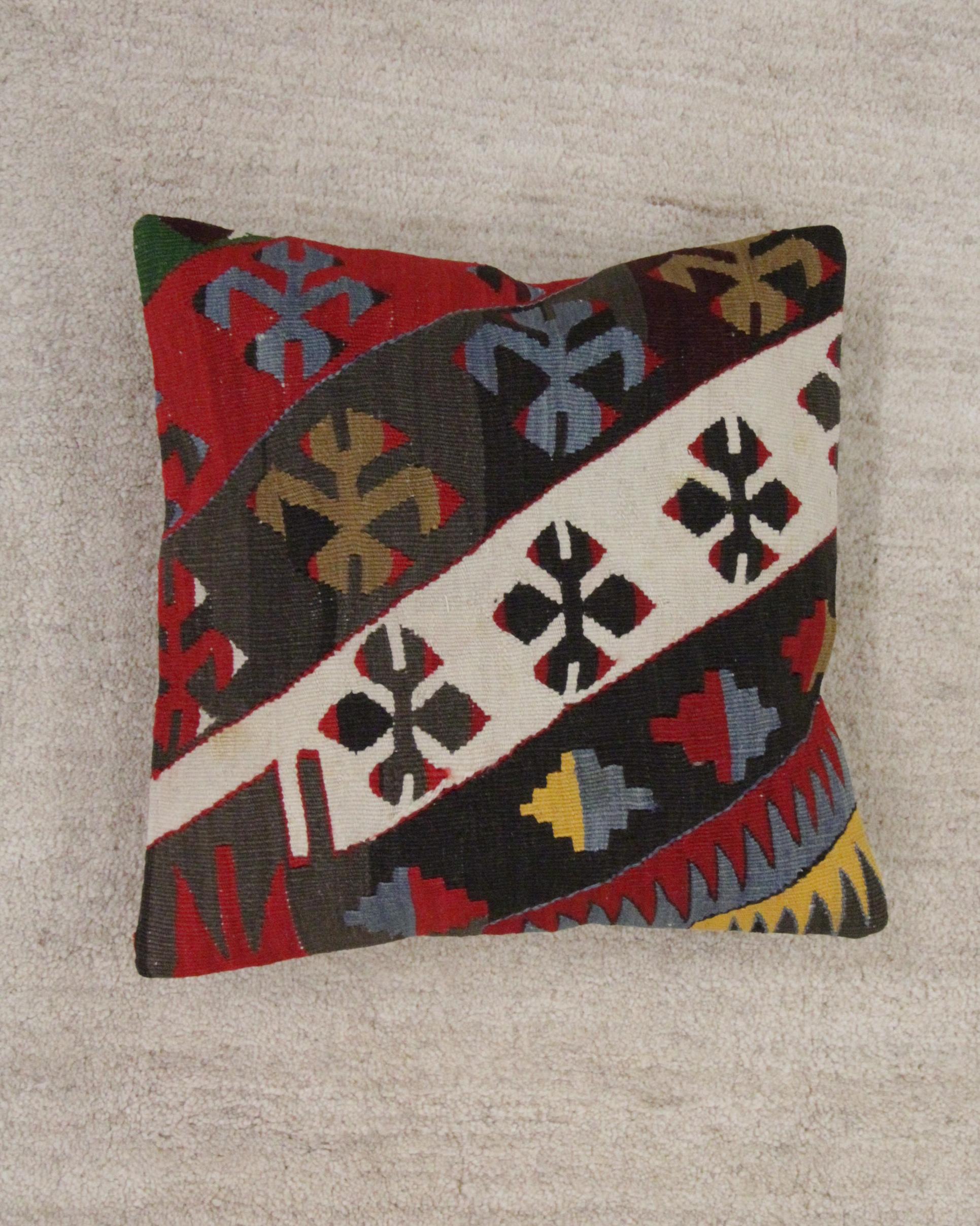 Contemporary Handwoven Pillow Multicoloured Turkish Geometric Kilim Cushion Cover For Sale