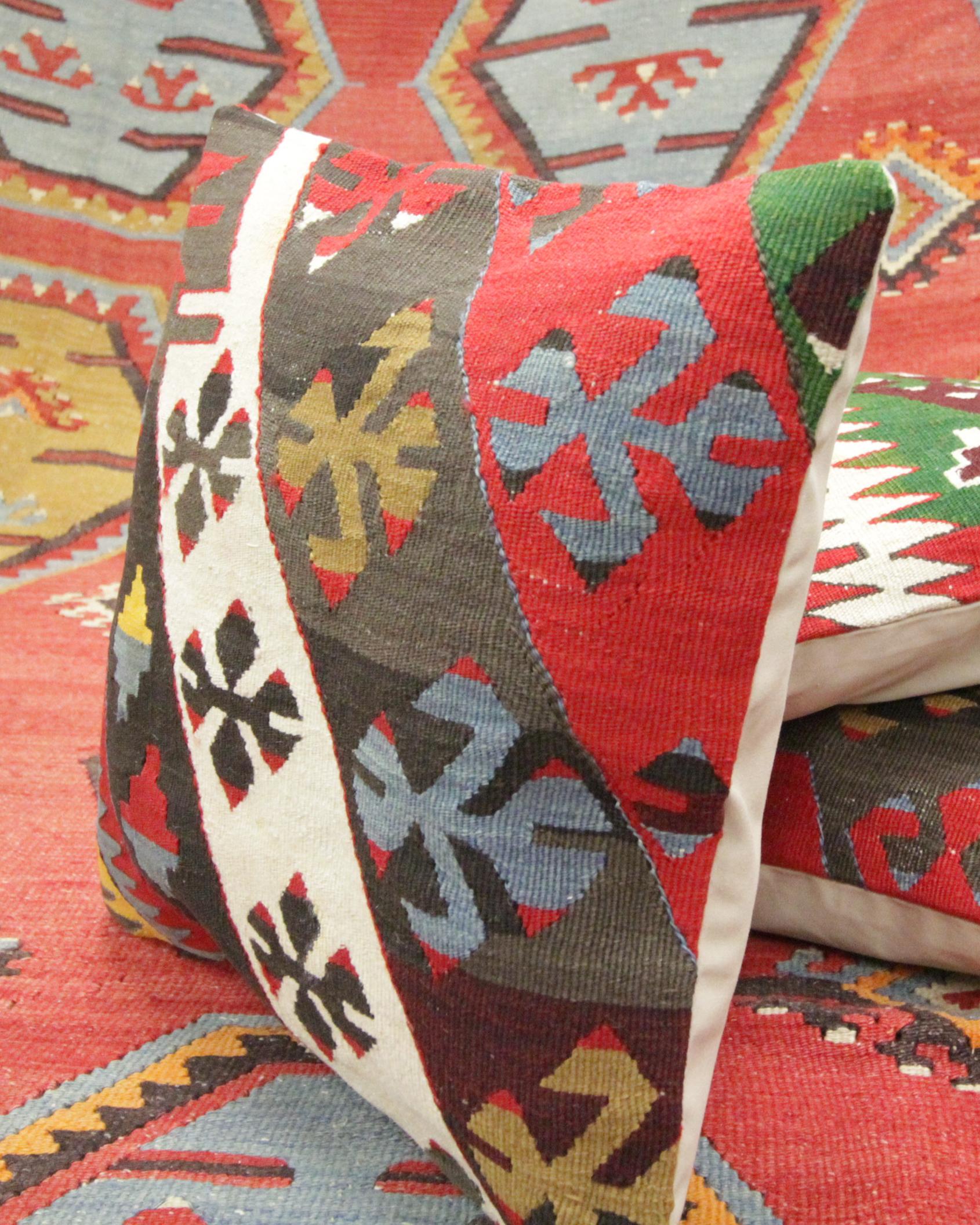 Fabric Handwoven Pillow Multicoloured Turkish Geometric Kilim Cushion Cover For Sale