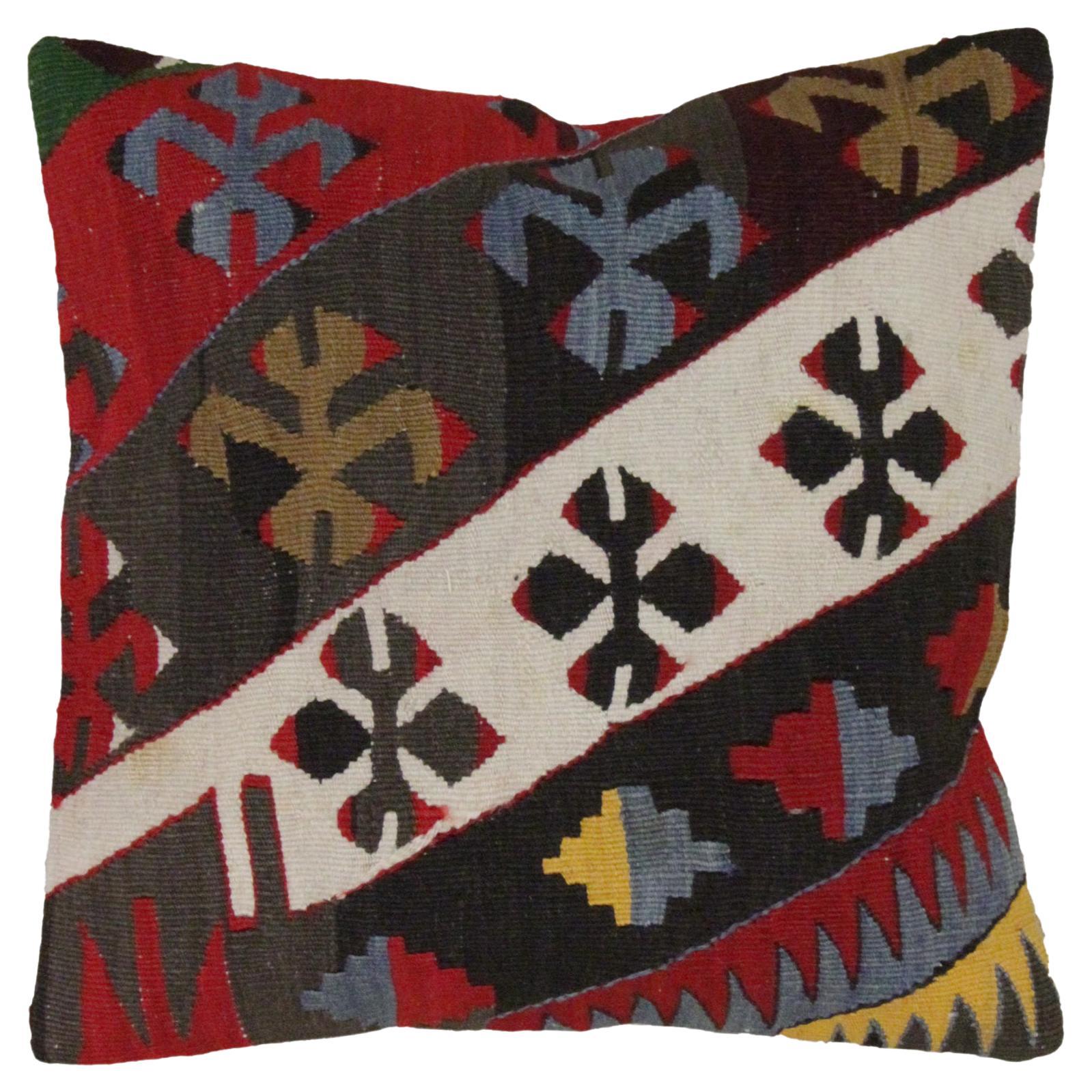 Handwoven Pillow Multicoloured Turkish Geometric Kilim Cushion Cover For Sale