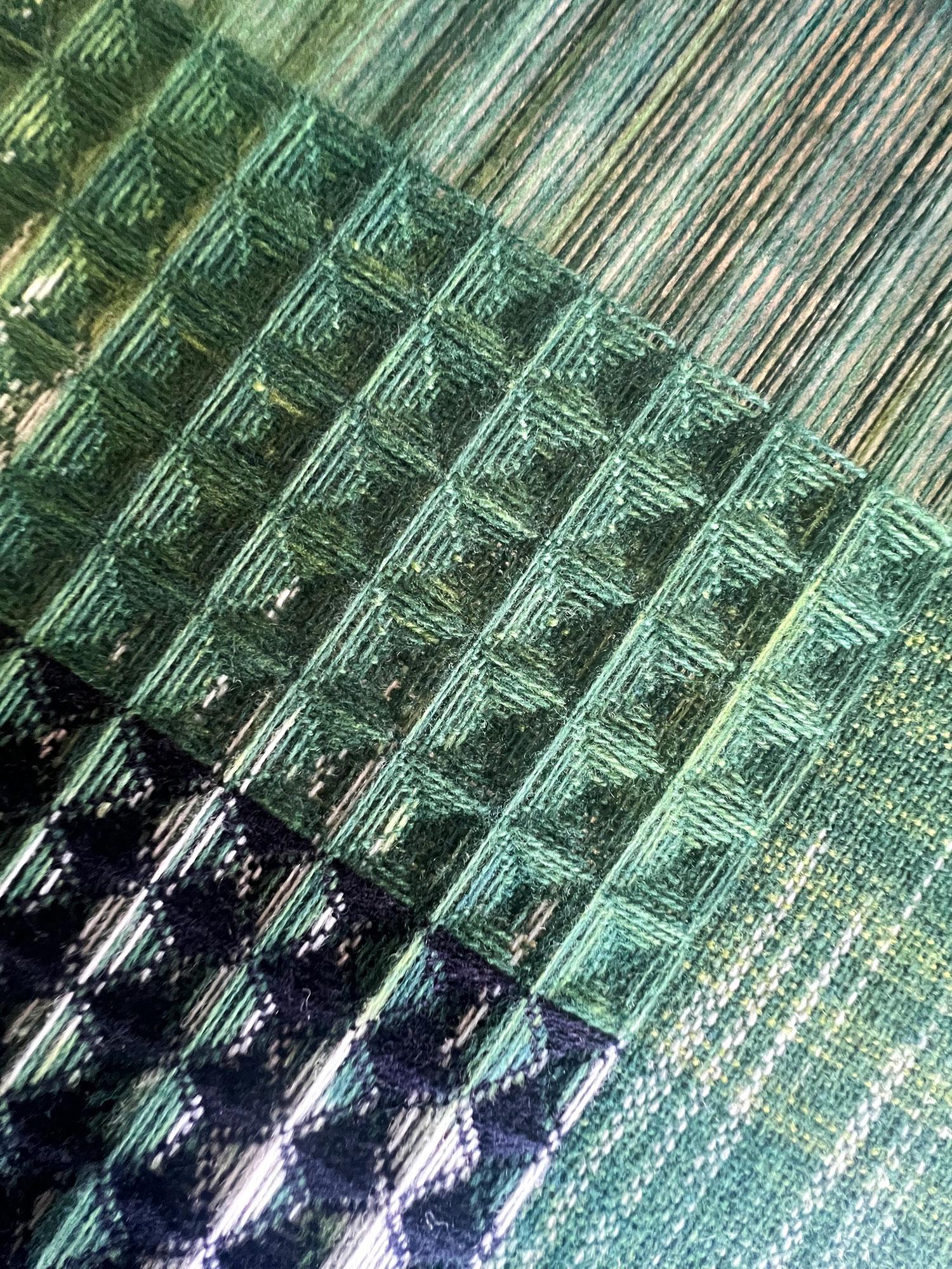 This tactile piece of hand-woven textile art is one of a collection of one-off plant-dyed pieces designed and produced by British Weaver Pamela Print.

This piece is dyed by hand using natural and repurposed yarns and techniques such as Ikat and