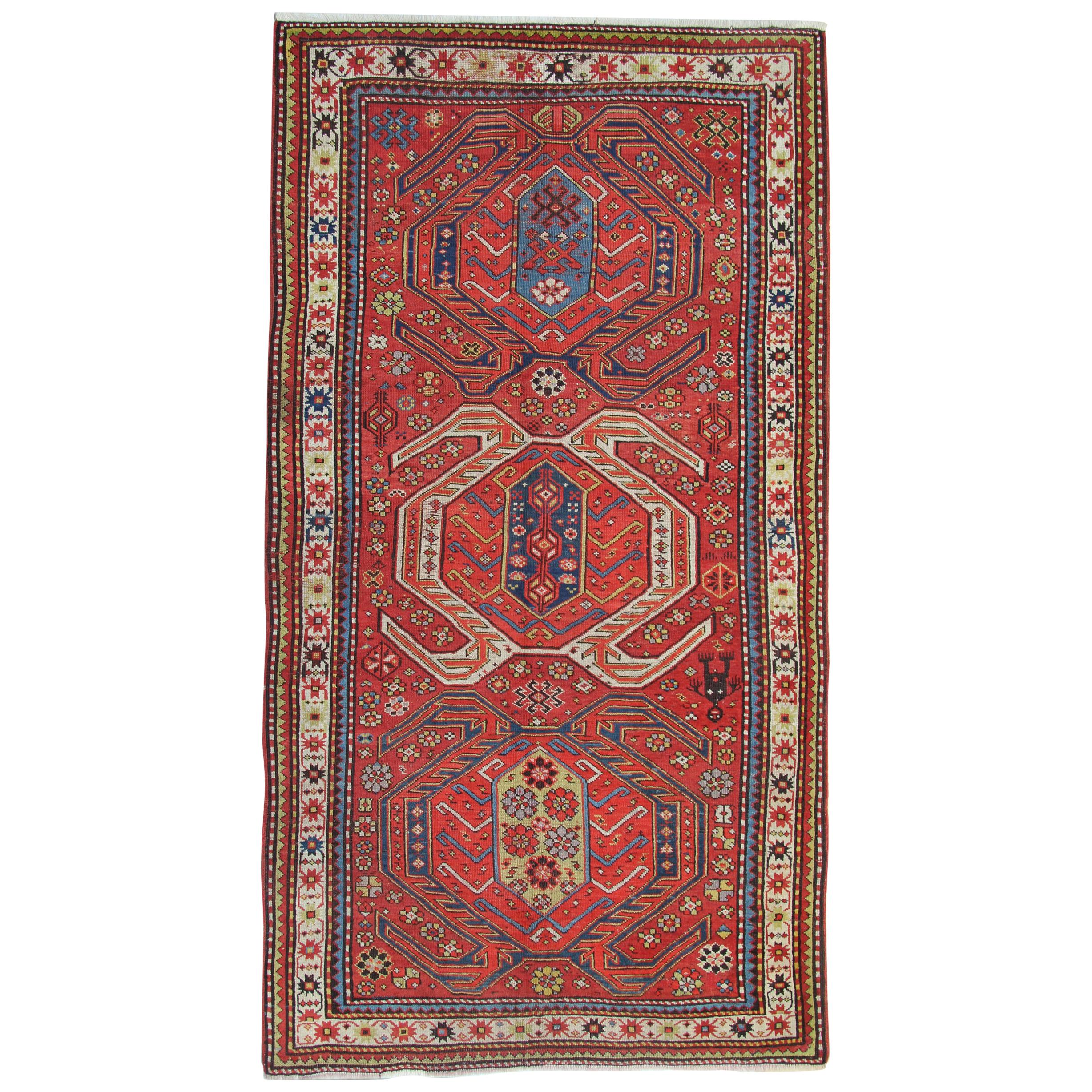 Handwoven Rare Antique Rug Caucasian Runner Rug Long Wool Carpet