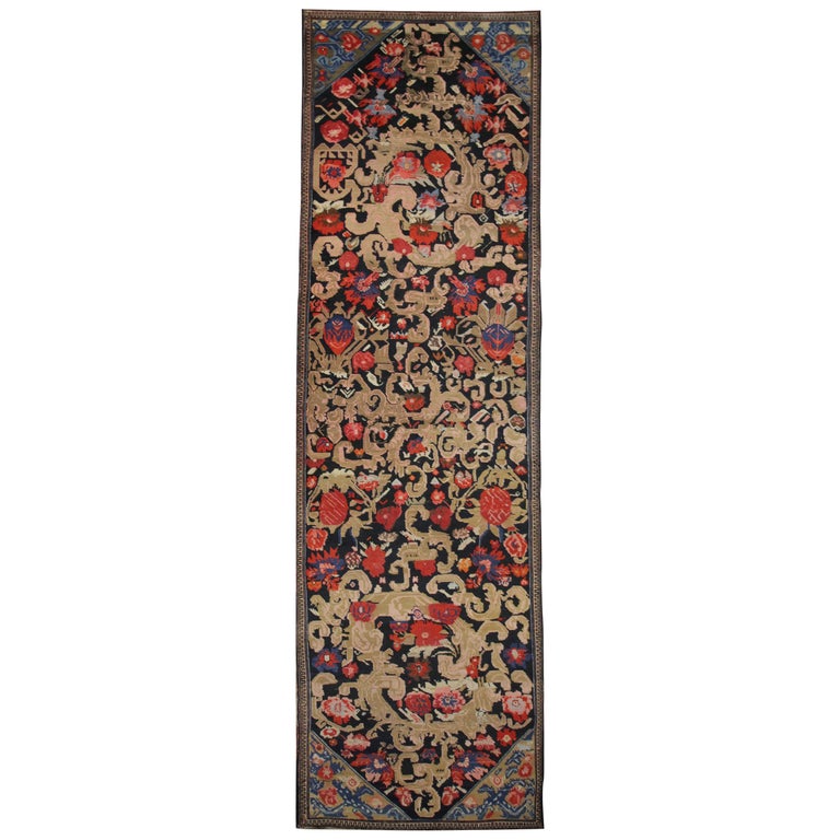 Handwoven Rare Antique Runner Rug Long Caucasian Wool Carpet For Sale