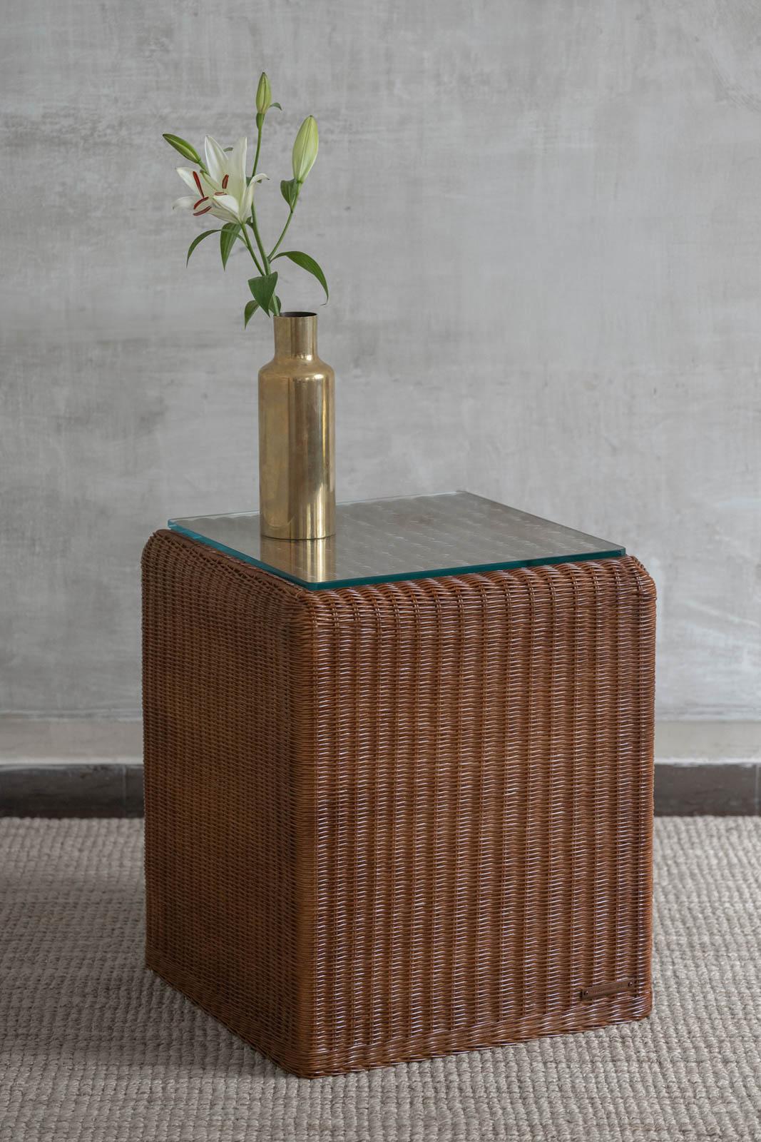 Italian Handwoven Rattan Sidetable – Edizioni Molto For Sale