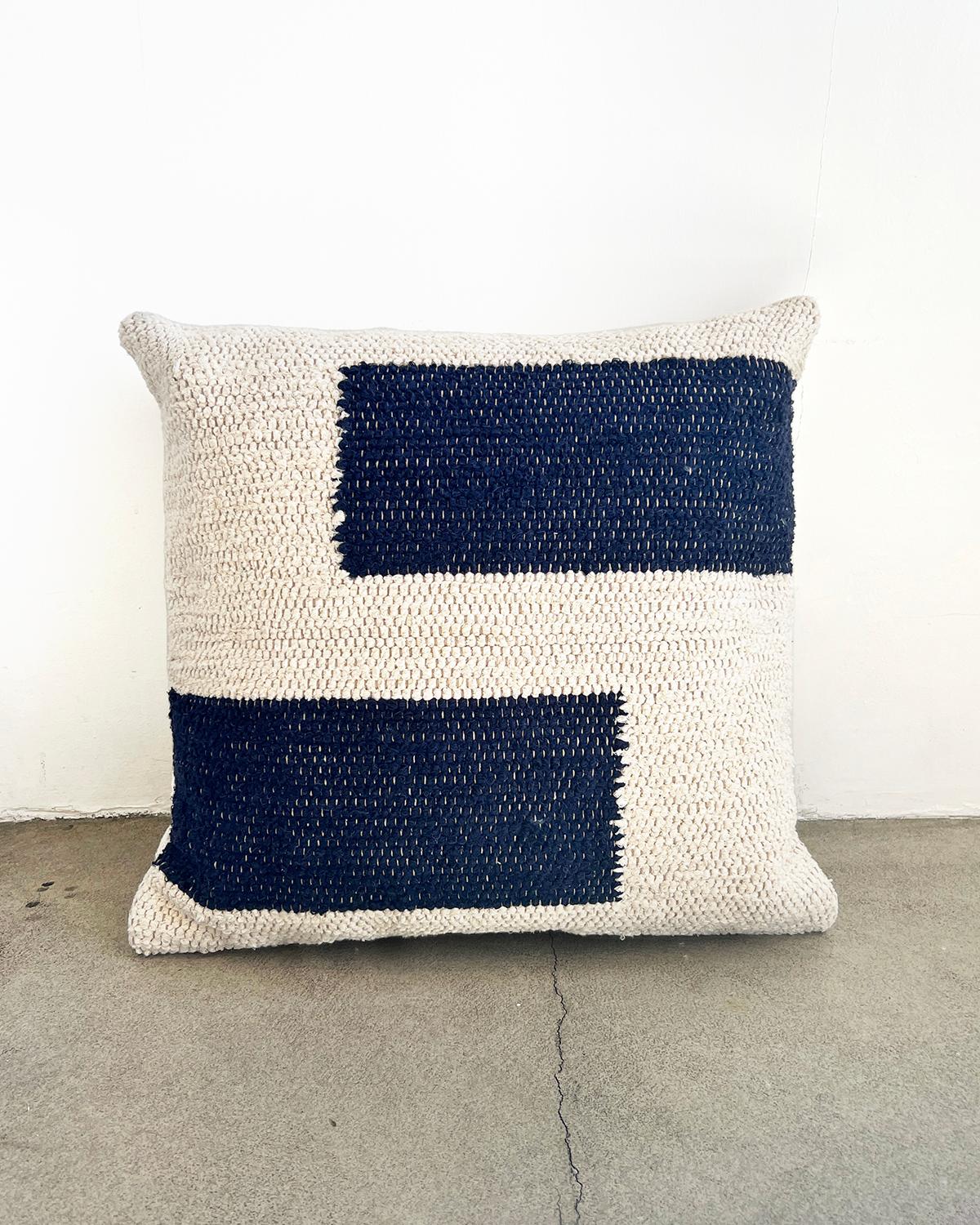 Portuguese Casa Cubista Handwoven Cotton Navy Blue Maze Throw Pillow, in Stock For Sale