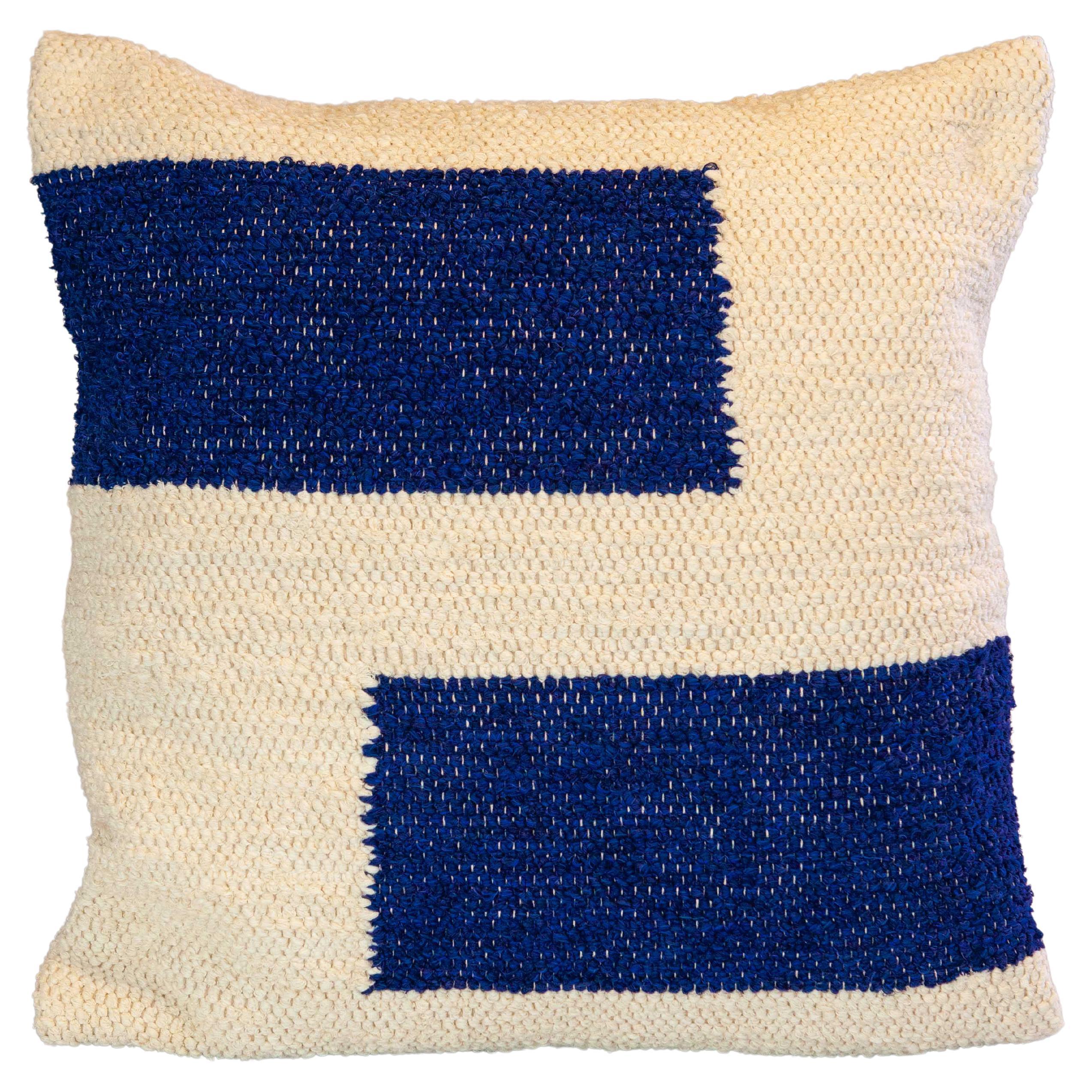 Handwoven Recycled Cotton Navy Blue Maze Throw Pillow, in Stock