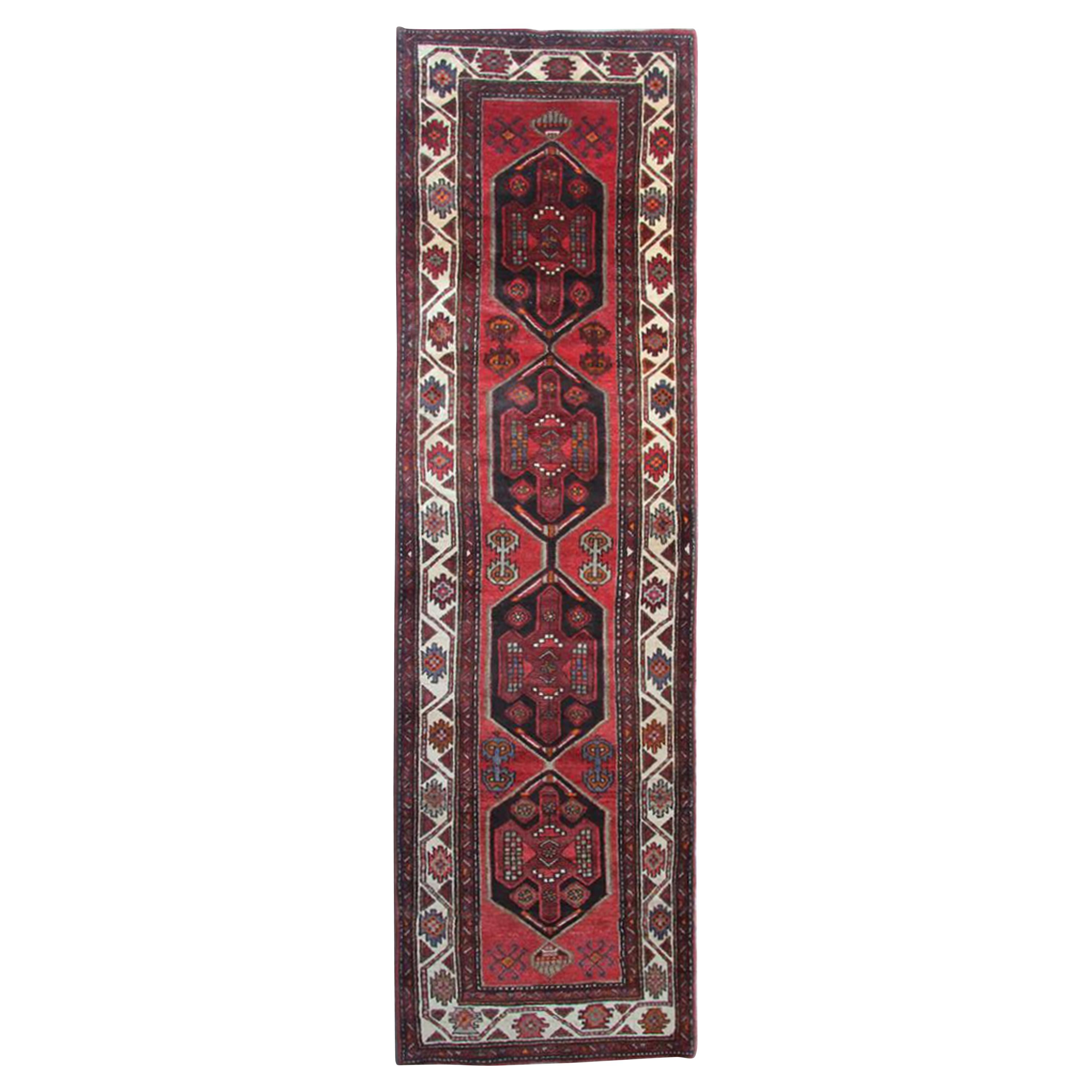 Handwoven Oriental Runner Rug, Traditional Red Wool Vintage Rug For