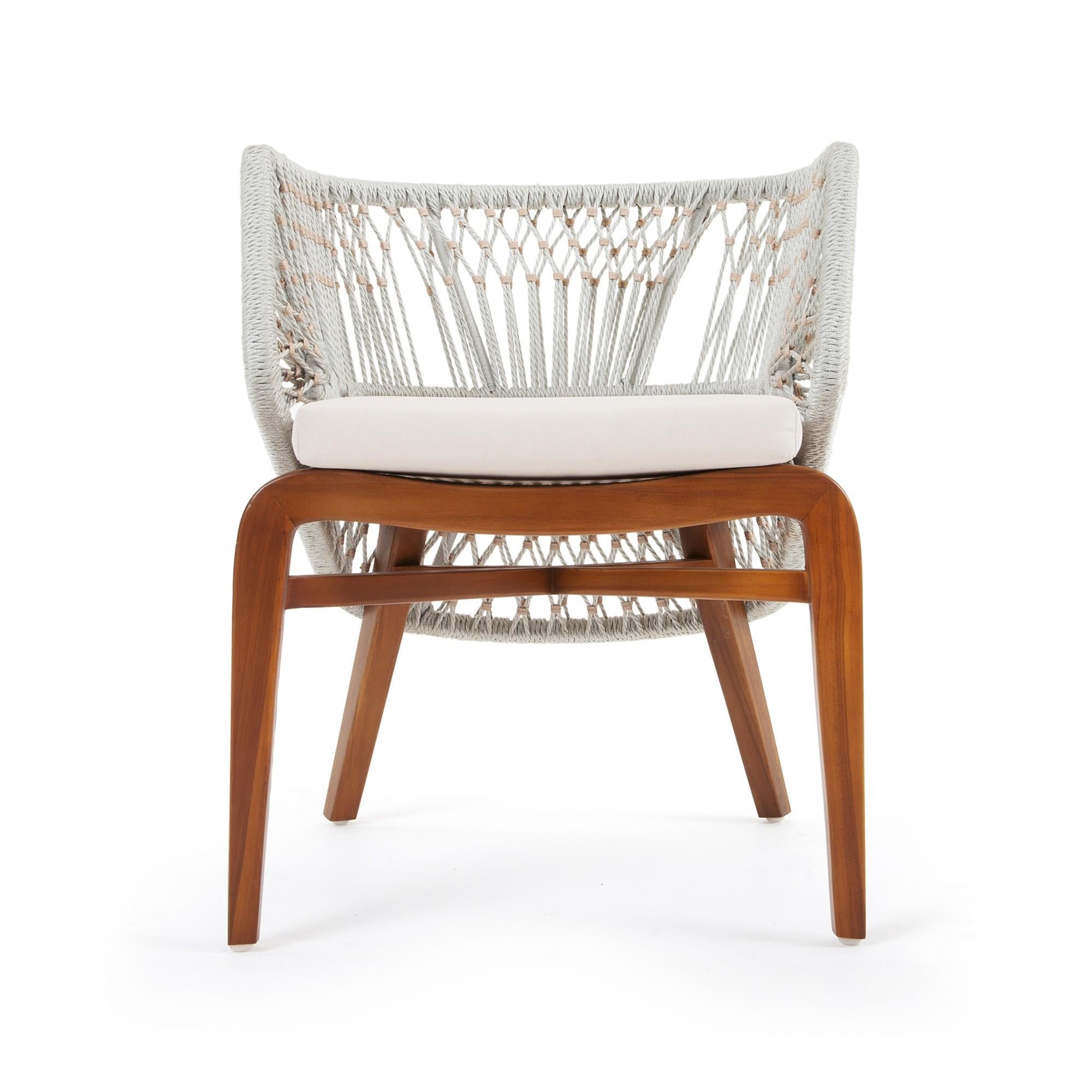 Modern Handwoven Rope Outdoor Chairs In Solid Teak (Set Of 6) For Sale