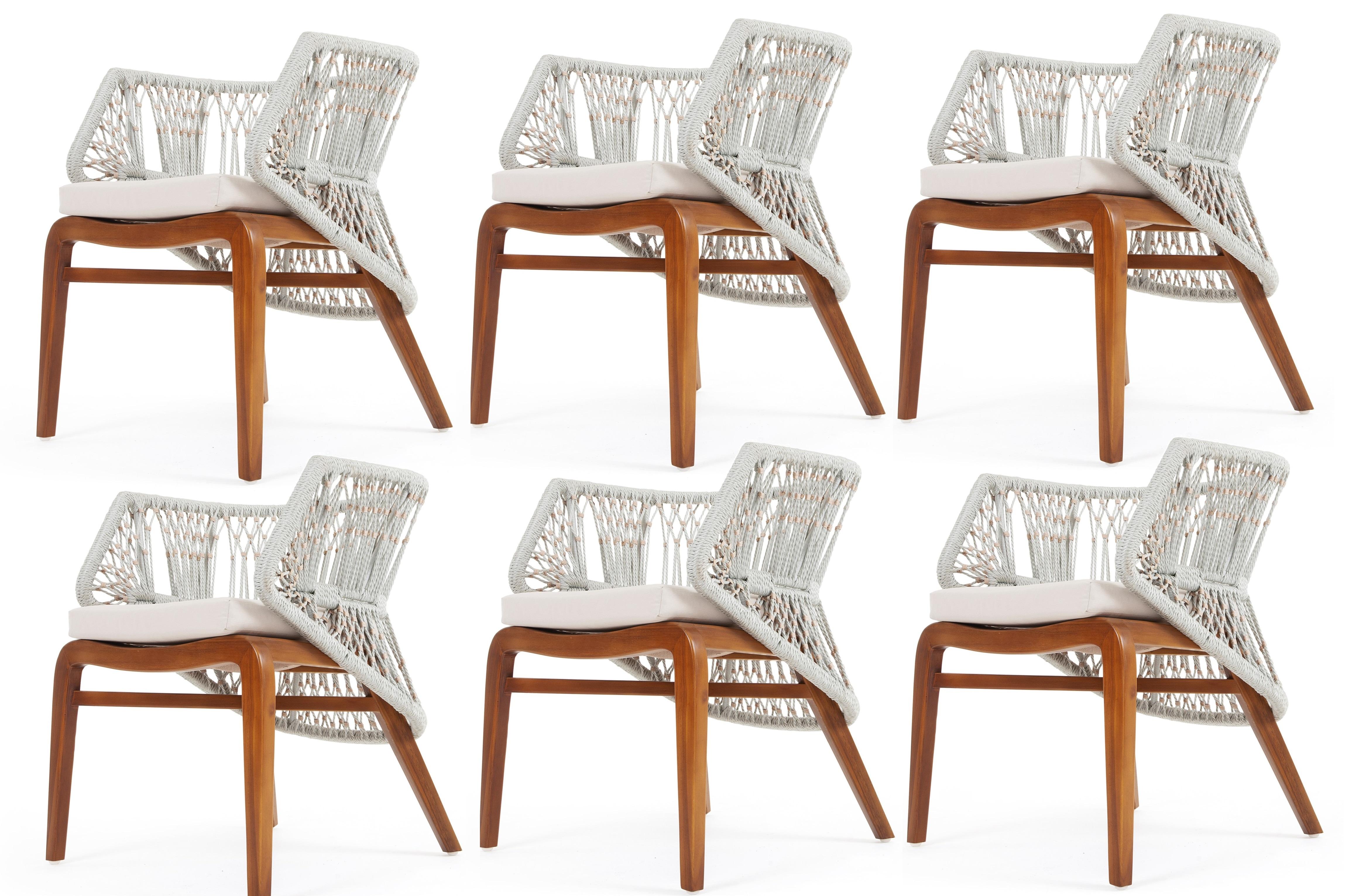 Handgewebte Outdoor-Stühle aus massivem Teakholz mit Seil (Set aus 6)