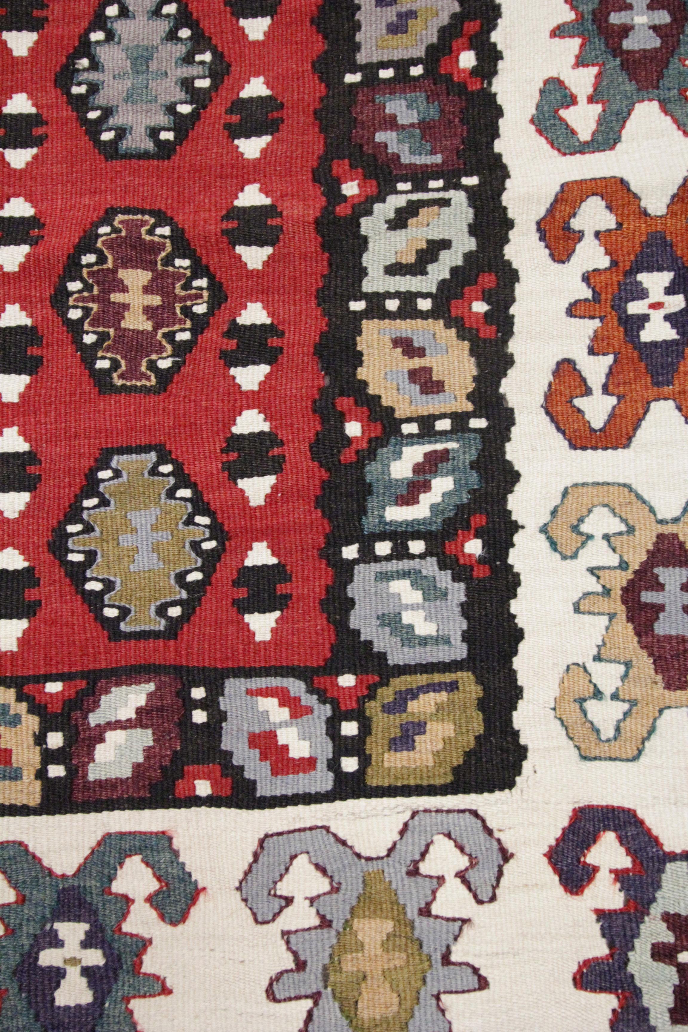 Serbian Handwoven Rug Oriental Kilim Geometric Red Wool Flat Woven Rug For Sale