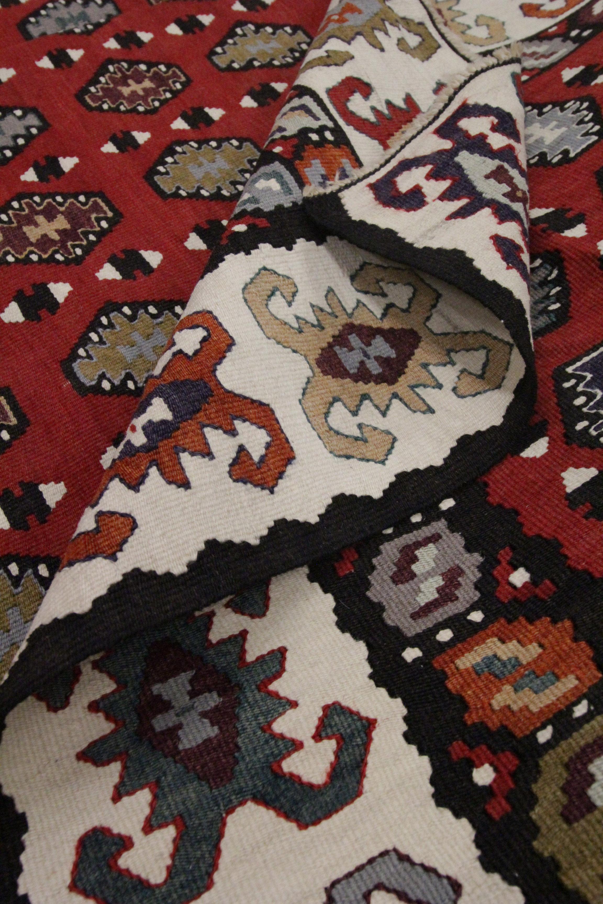 Handwoven Rug Oriental Kilim Geometric Red Wool Flat Woven Rug For Sale 1