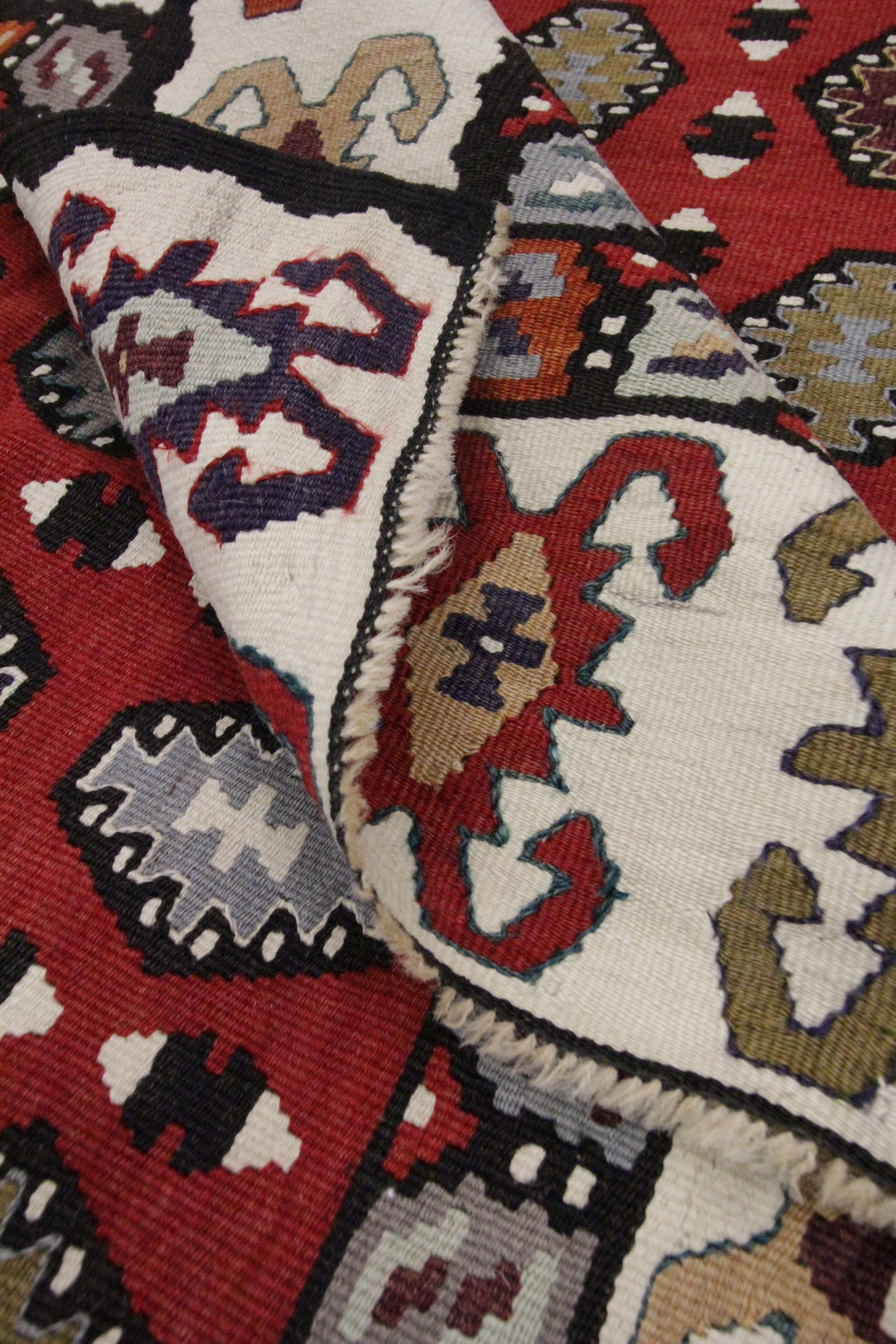 Handwoven Rug Oriental Kilim Geometric Red Wool Flat Woven Rug For Sale 2