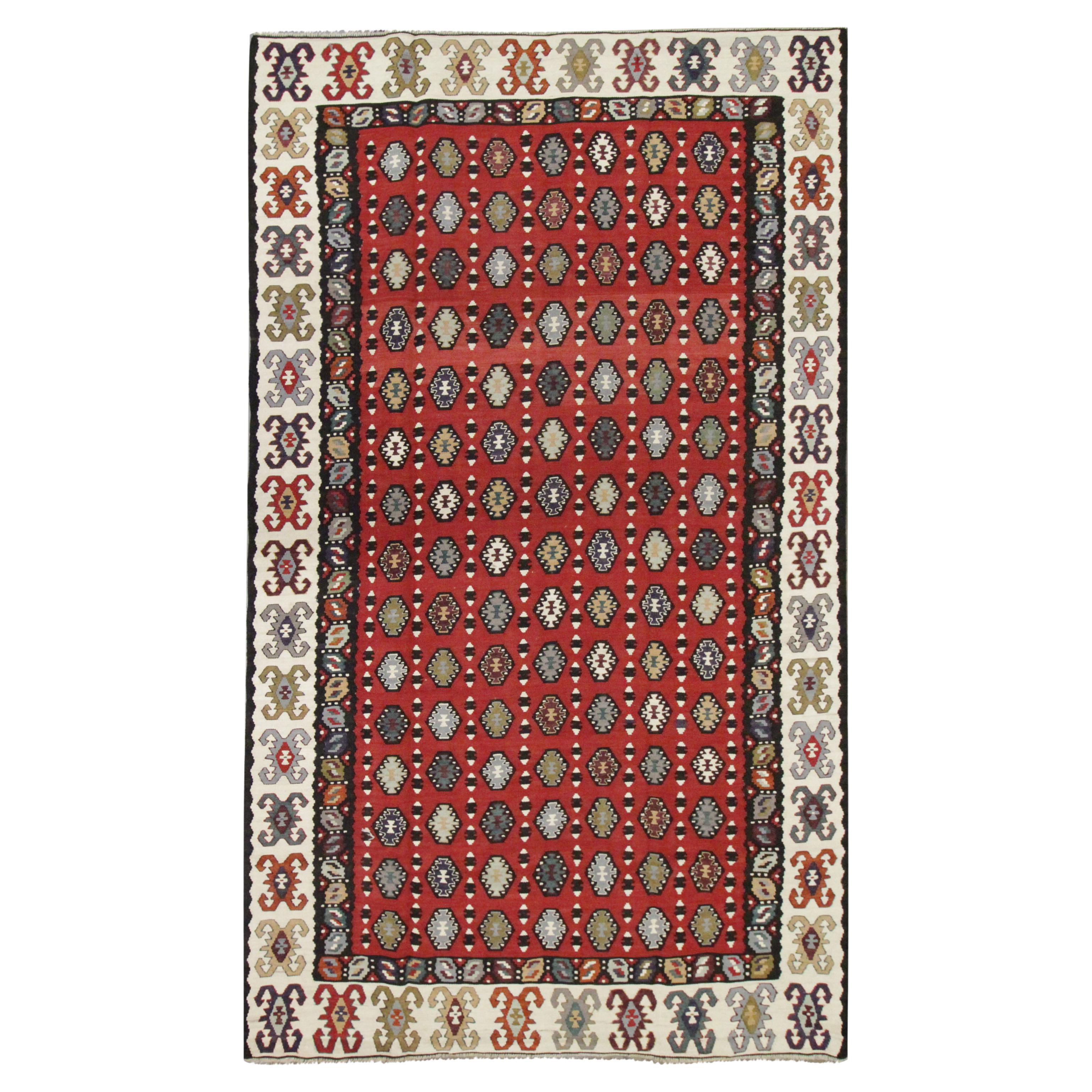 Handwoven Rug Oriental Kilim Geometric Red Wool Flat Woven Rug